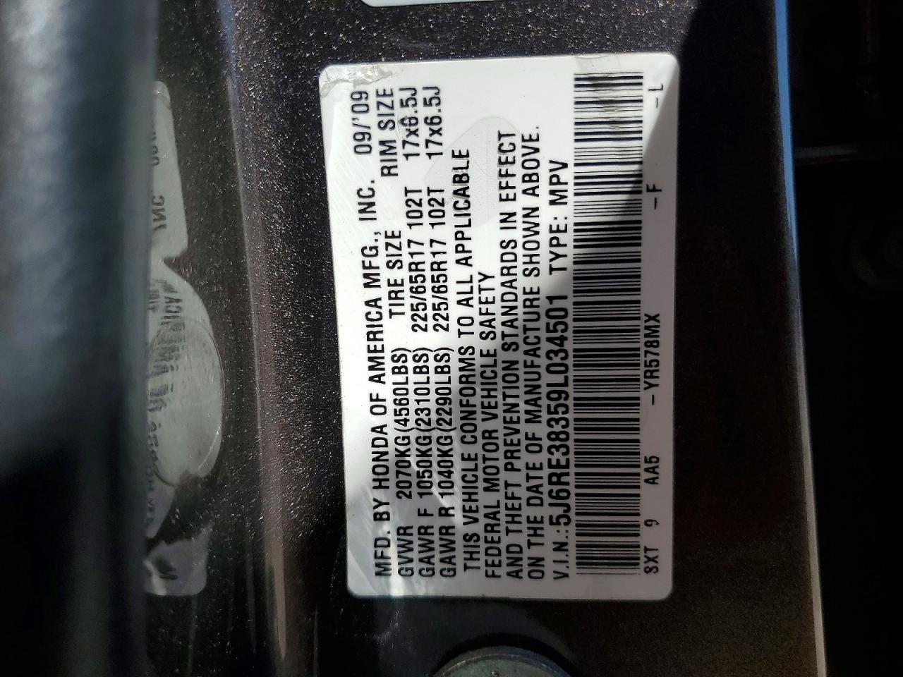 2009 Honda Cr-v Gray vin: 5J6RE38359L034501