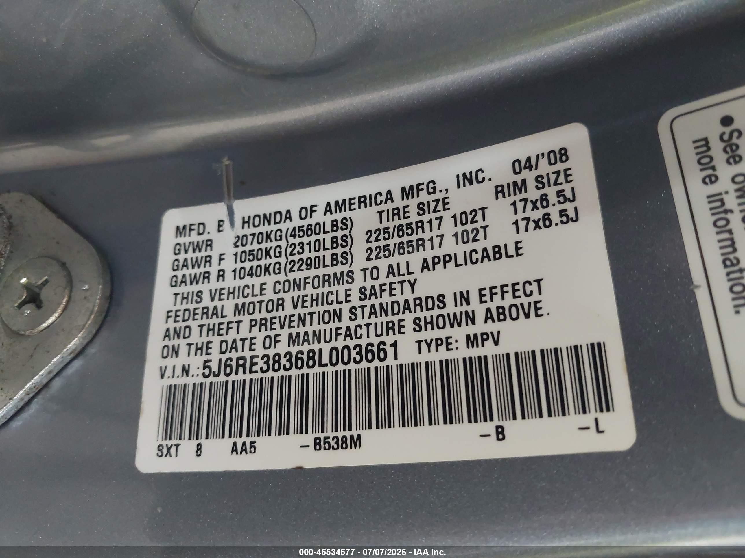 2008 Honda Cr-v Lx Light Blue vin: 5J6RE38368L003661