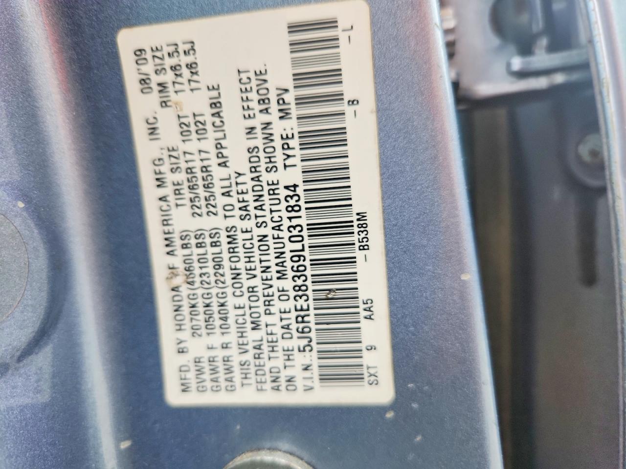 2009 Honda Cr-v Lx Blue vin: 5J6RE38369L031834