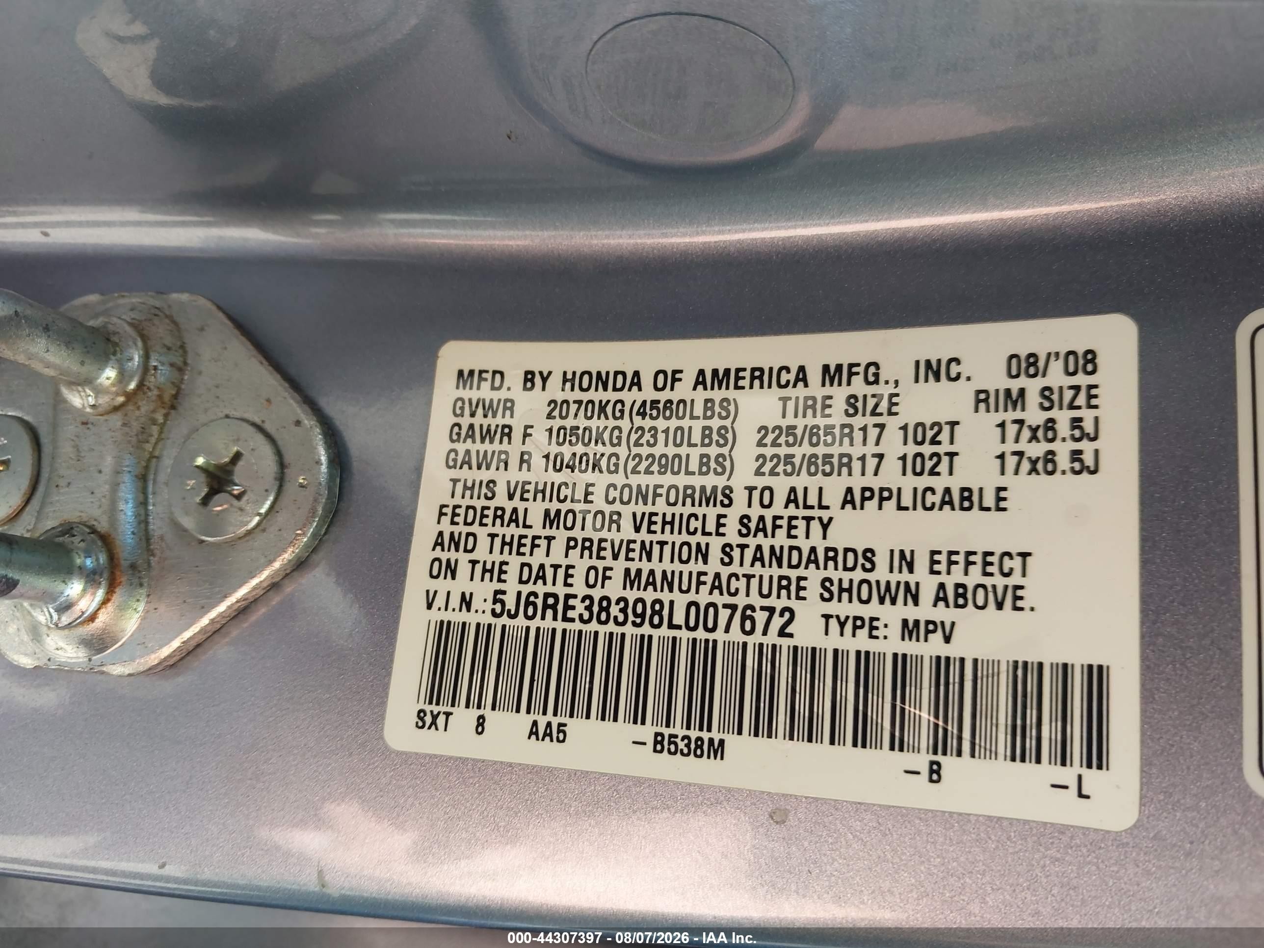 2008 Honda Cr-v Lx Light Blue vin: 5J6RE38398L007672