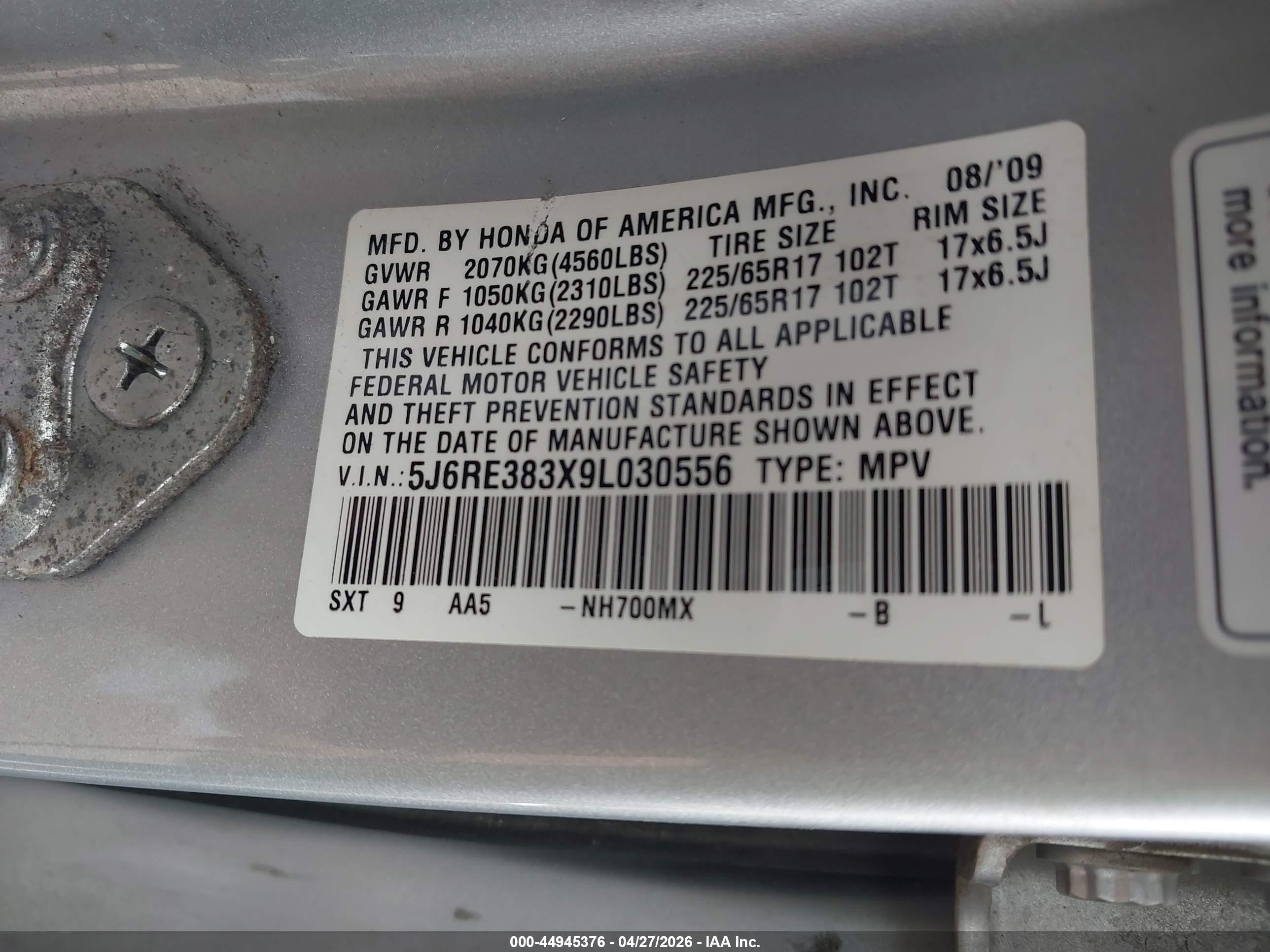 2009 Honda Cr-v Lx Silver vin: 5J6RE383X9L030556