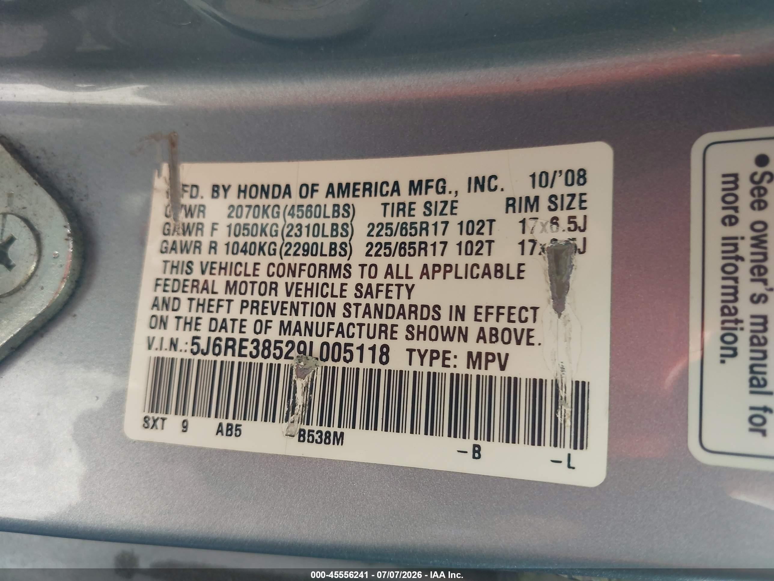 2009 Honda Cr-v Ex Blue vin: 5J6RE38529L005118