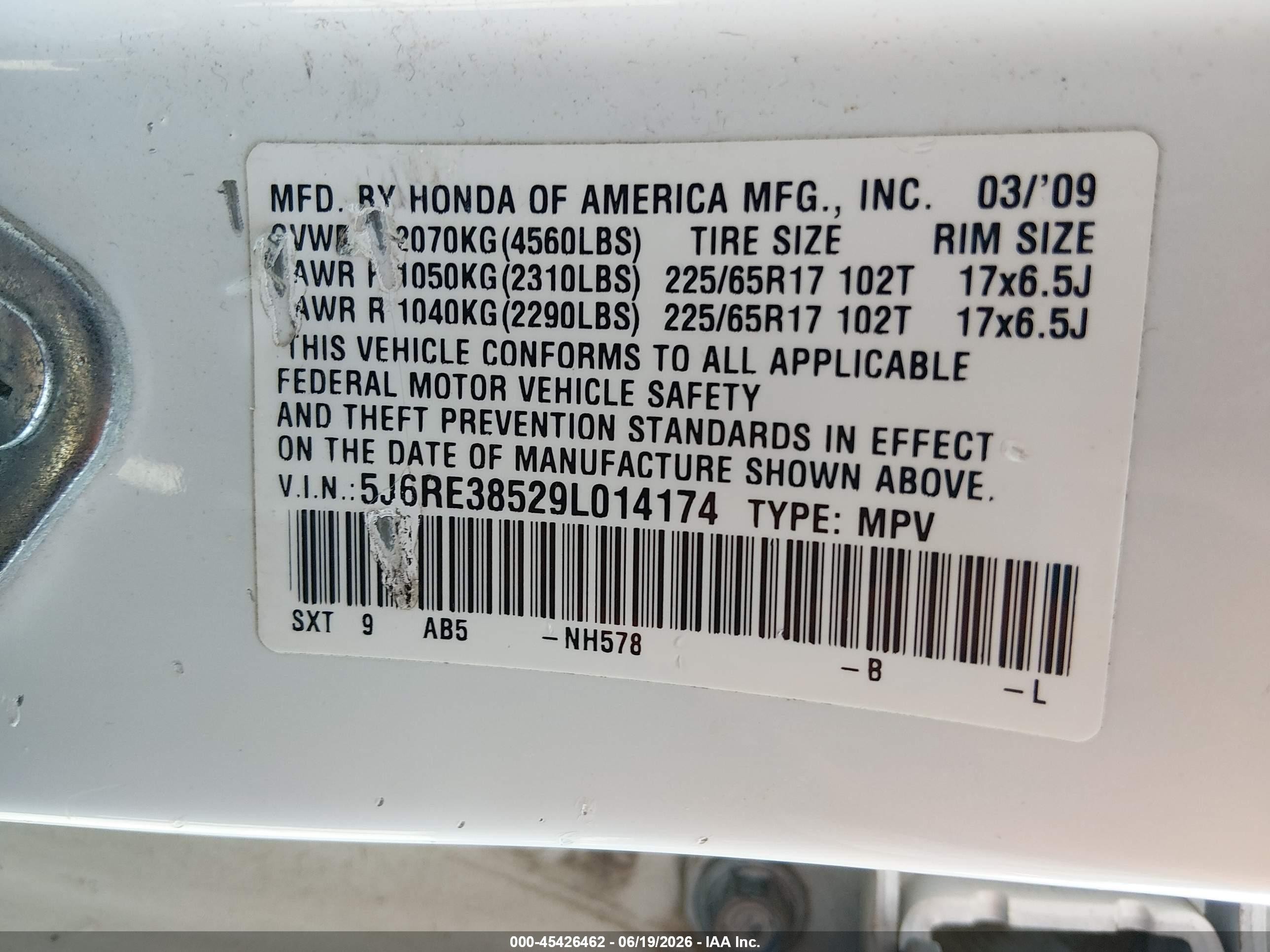 2009 Honda Cr-v Ex White vin: 5J6RE38529L014174