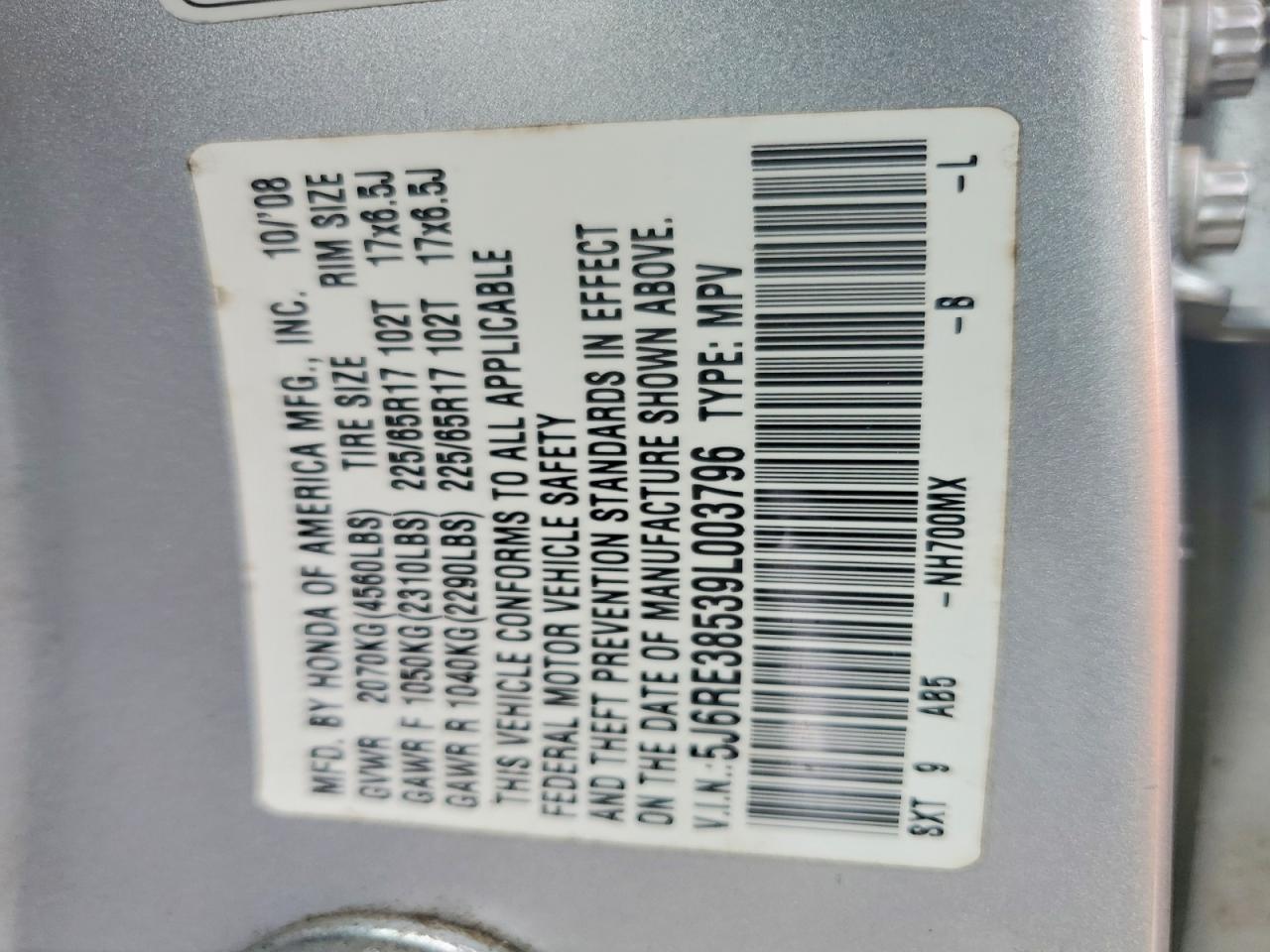 2009 Honda Cr-v Ex Silver vin: 5J6RE38539L003796