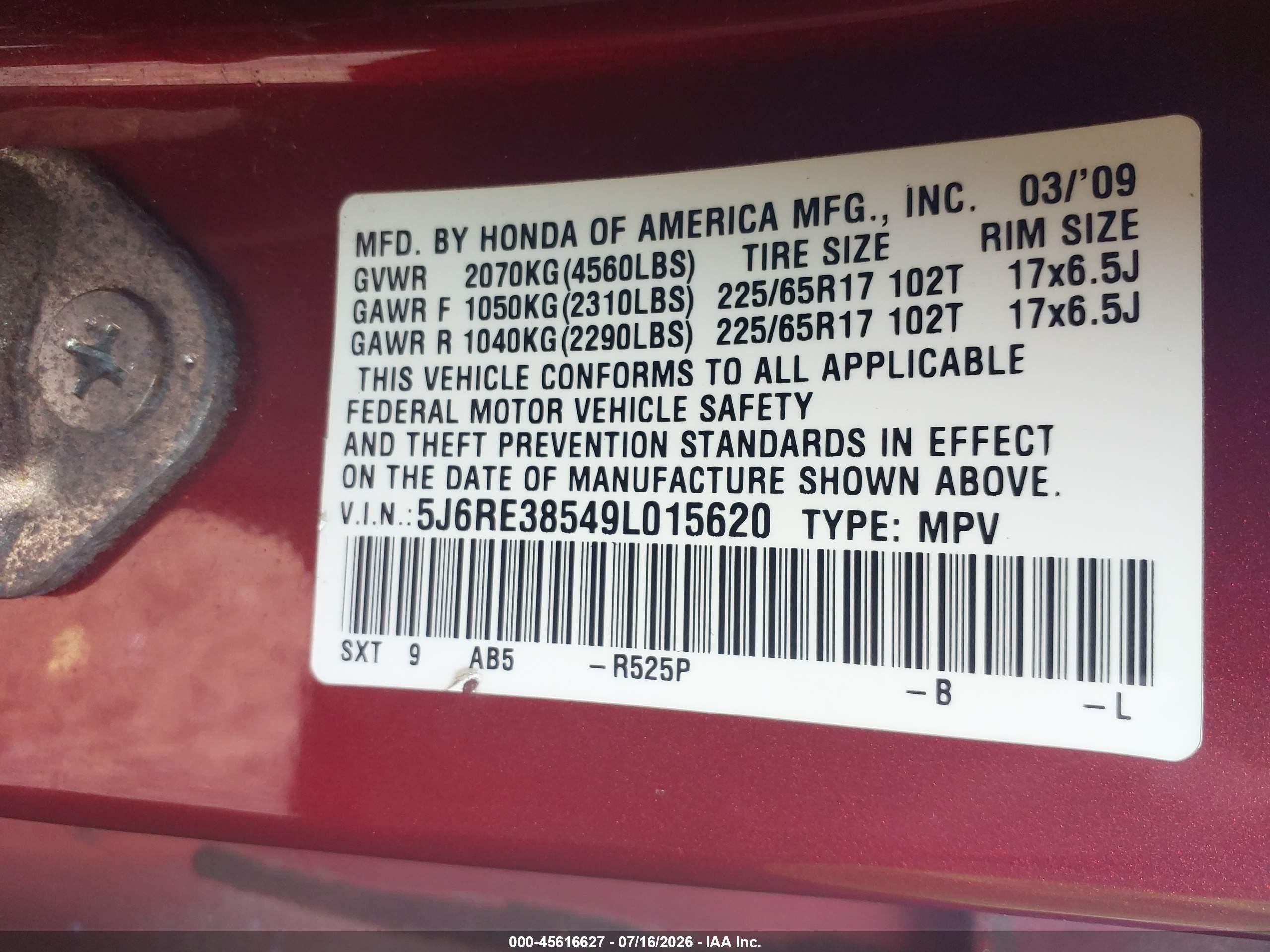 2009 Honda Cr-v Ex Red vin: 5J6RE38549L015620