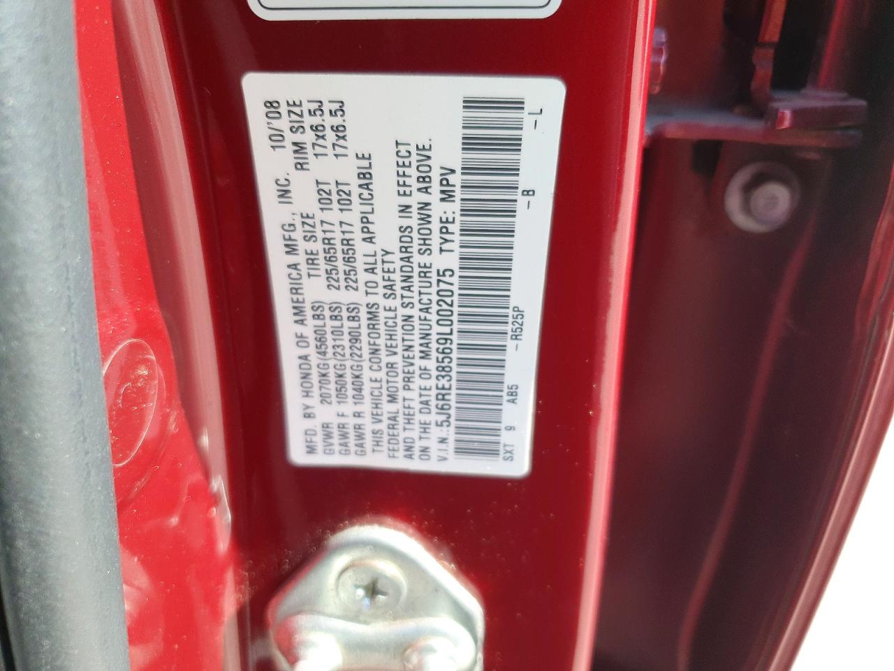 2009 Honda Cr-v Ex Red vin: 5J6RE38569L002075