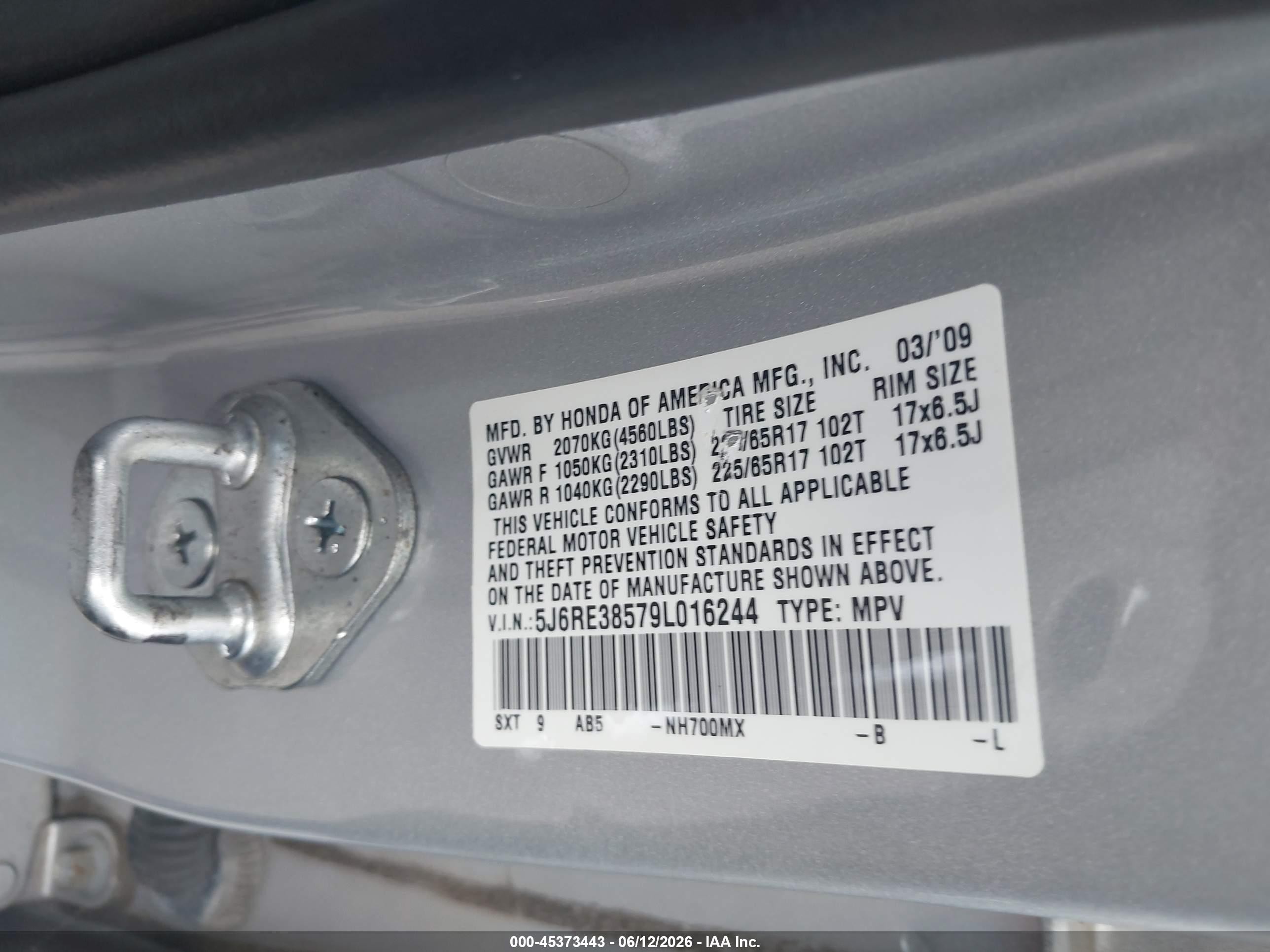 2009 Honda Cr-v Ex Silver vin: 5J6RE38579L016244
