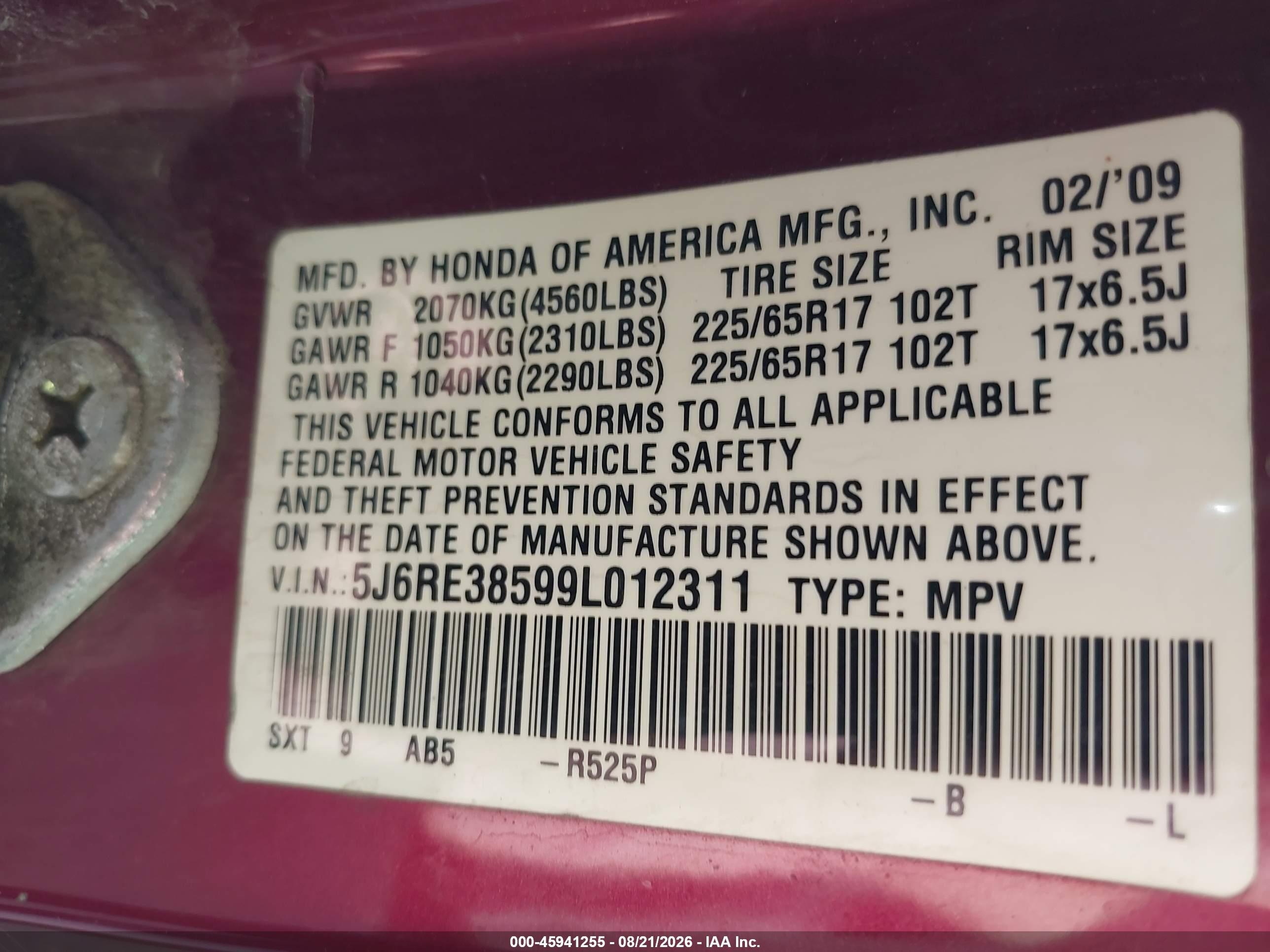 2009 Honda Cr-v Ex Burgundy vin: 5J6RE38599L012311