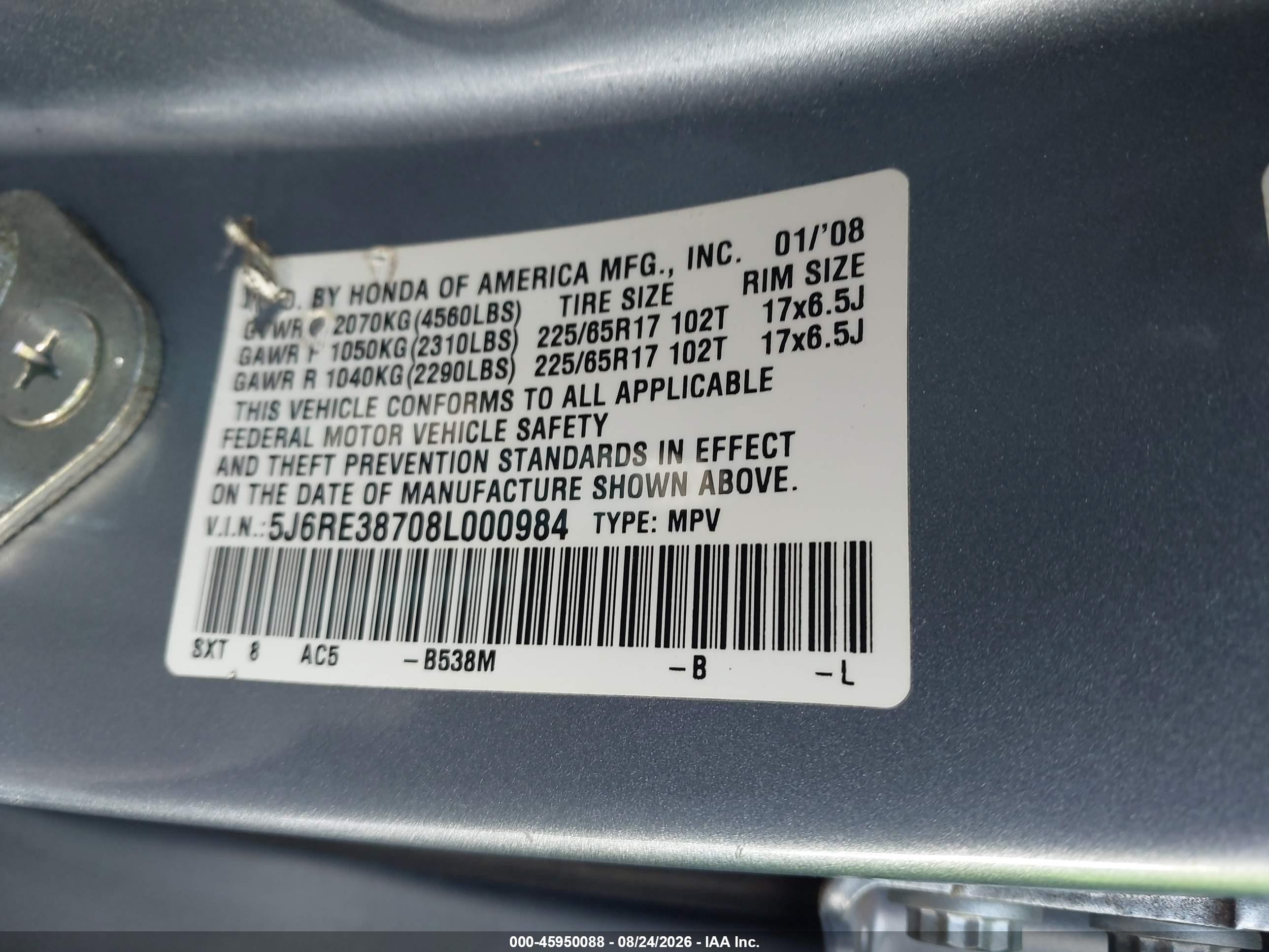 2008 Honda Cr-v Ex-l Light Blue vin: 5J6RE38708L000984