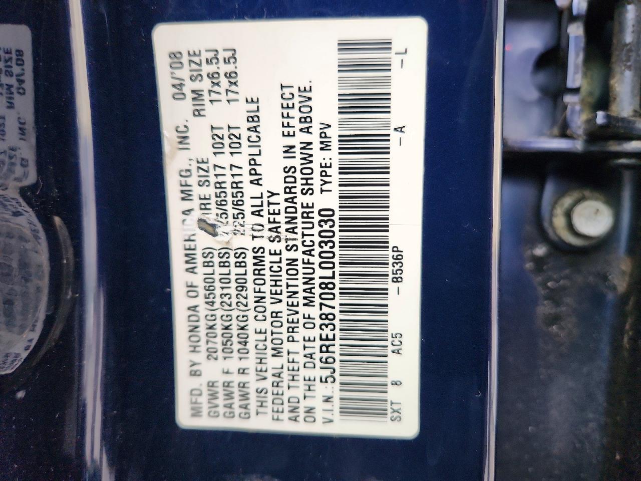 2008 Honda Cr-v Exl Blue vin: 5J6RE38708L003030