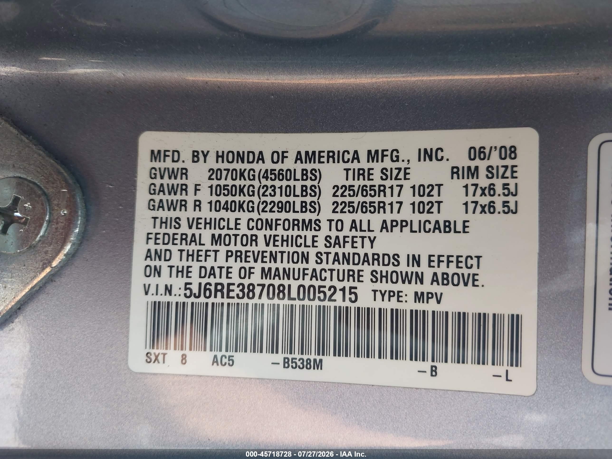 2008 Honda Cr-v Ex-l Light Blue vin: 5J6RE38708L005215