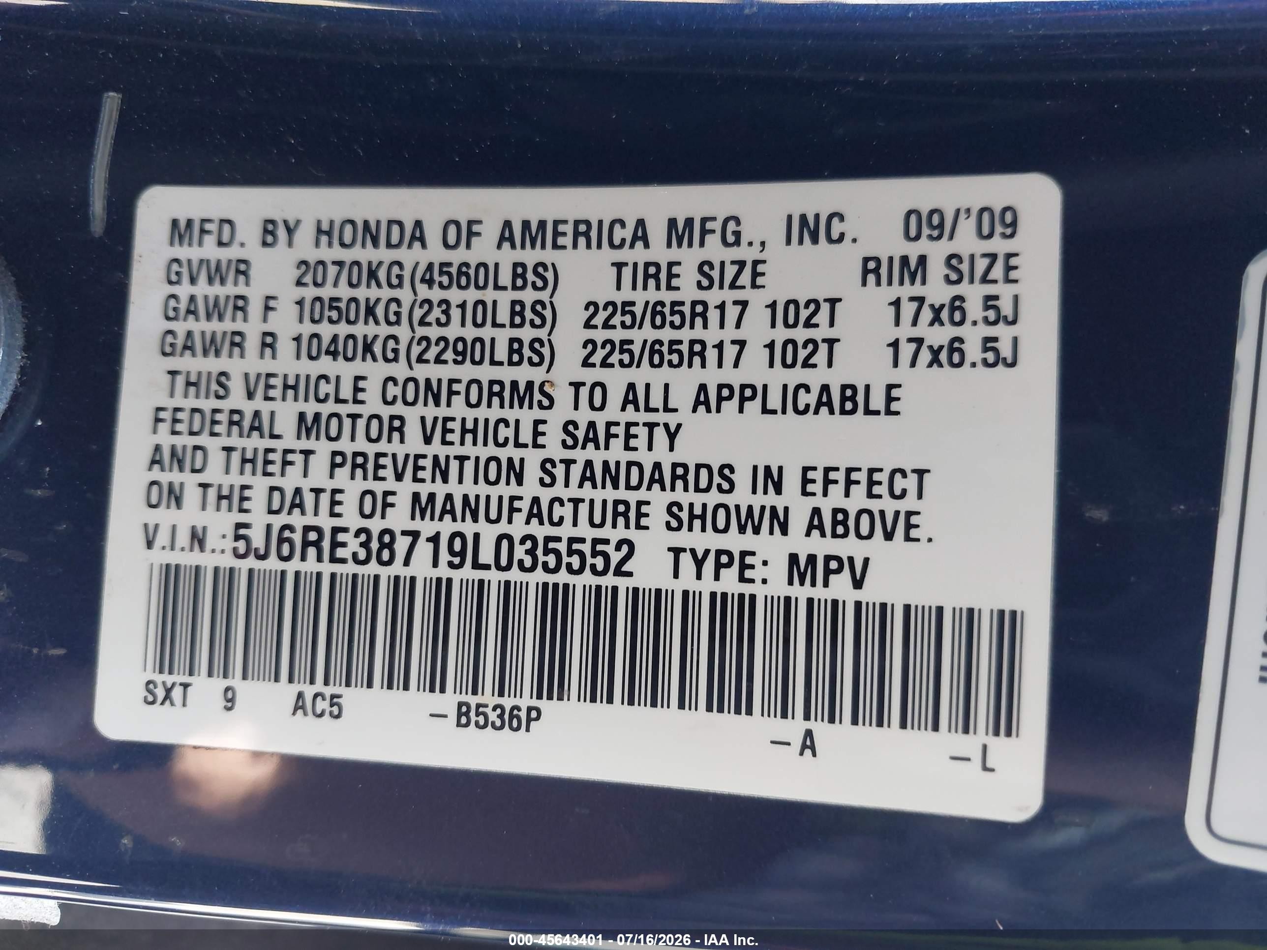 2009 Honda Cr-v Ex-l Dark Blue vin: 5J6RE38719L035552