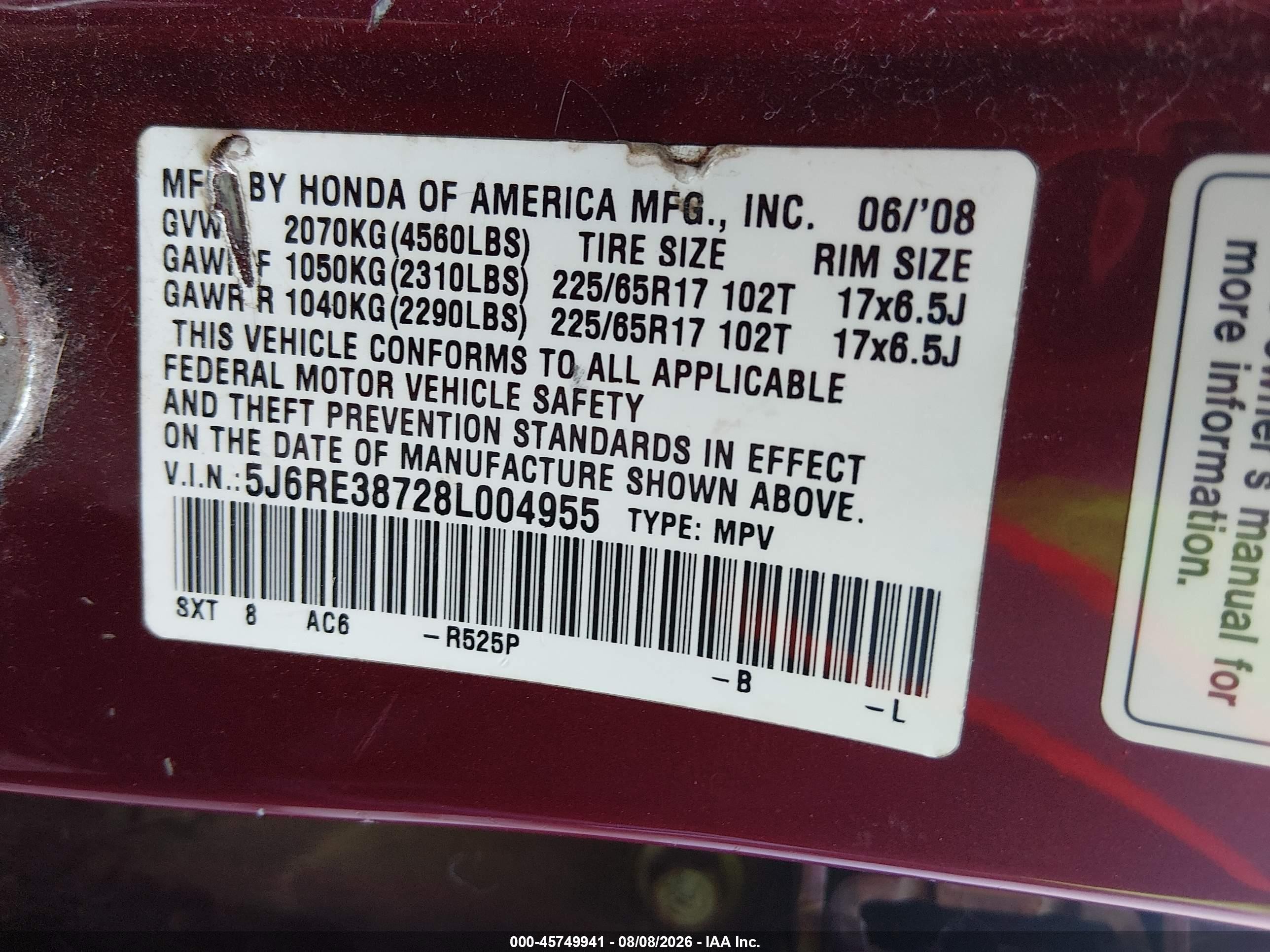 2008 Honda Cr-v Ex-l Maroon vin: 5J6RE38728L004955