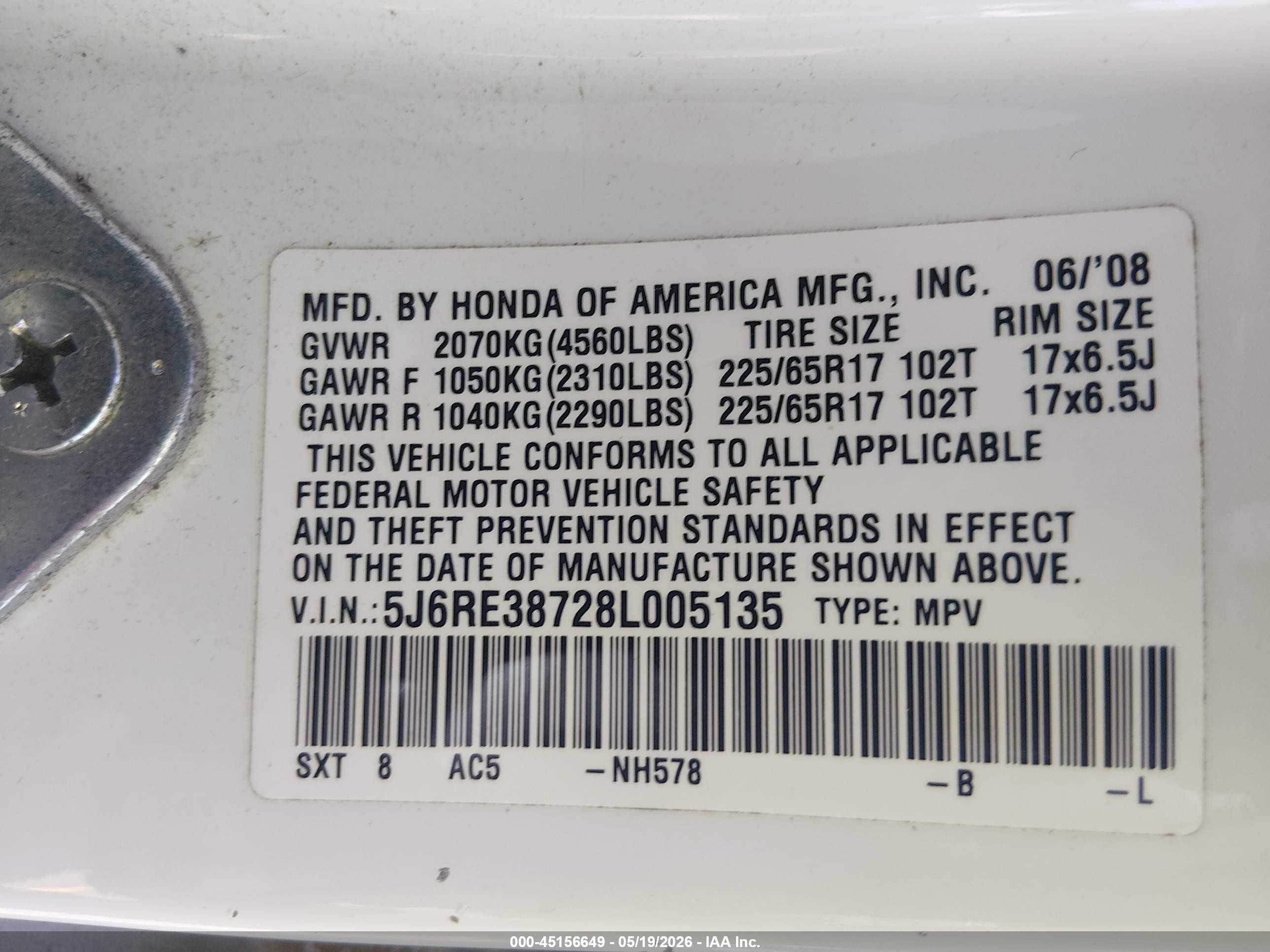2008 Honda Cr-v Ex-l White vin: 5J6RE38728L005135