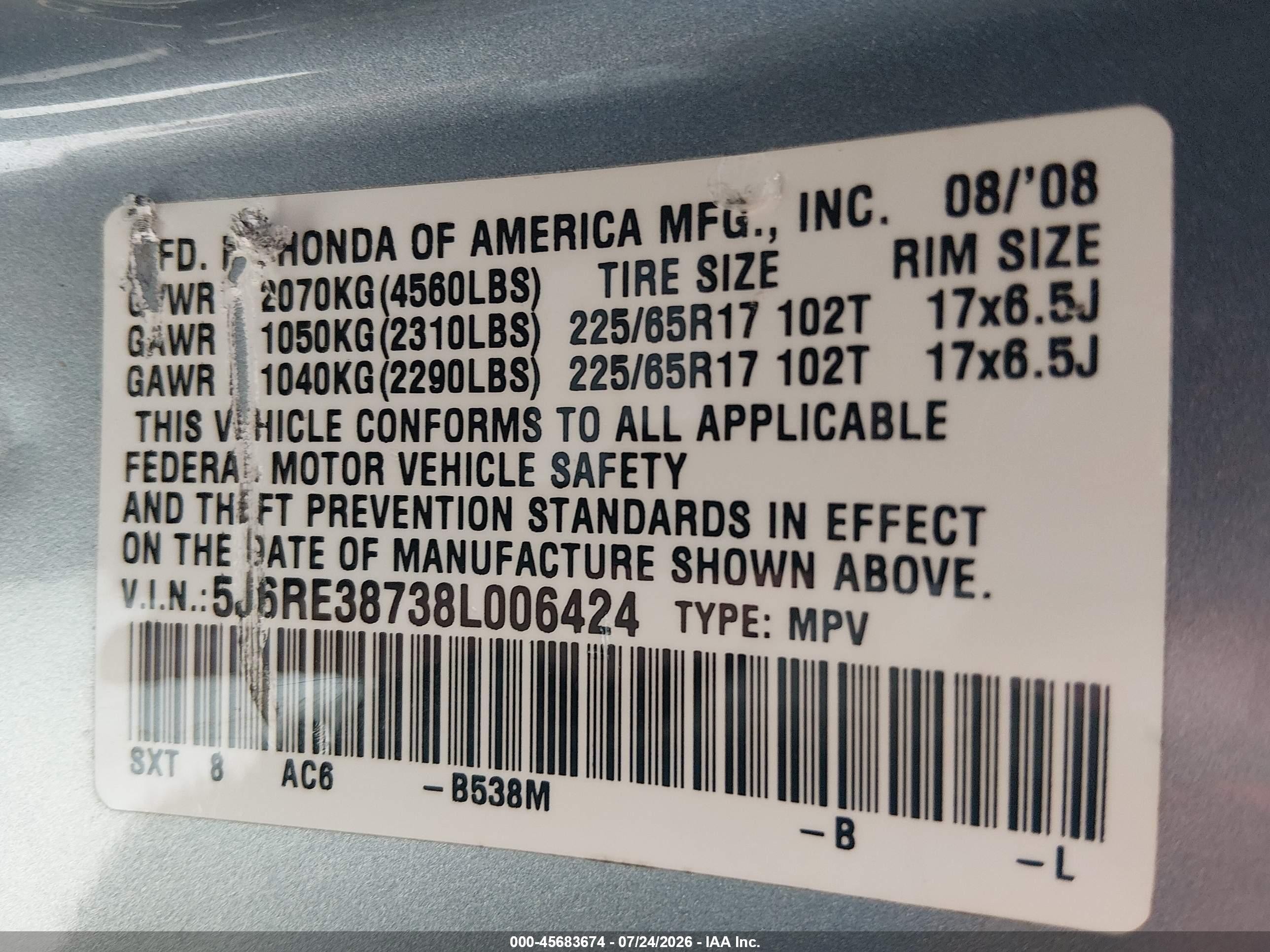 2008 Honda Cr-v Ex-l Blue vin: 5J6RE38738L006424