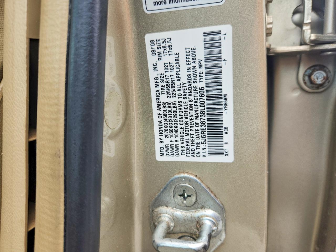 2008 Honda Cr-v Exl Beige vin: 5J6RE38738L007606