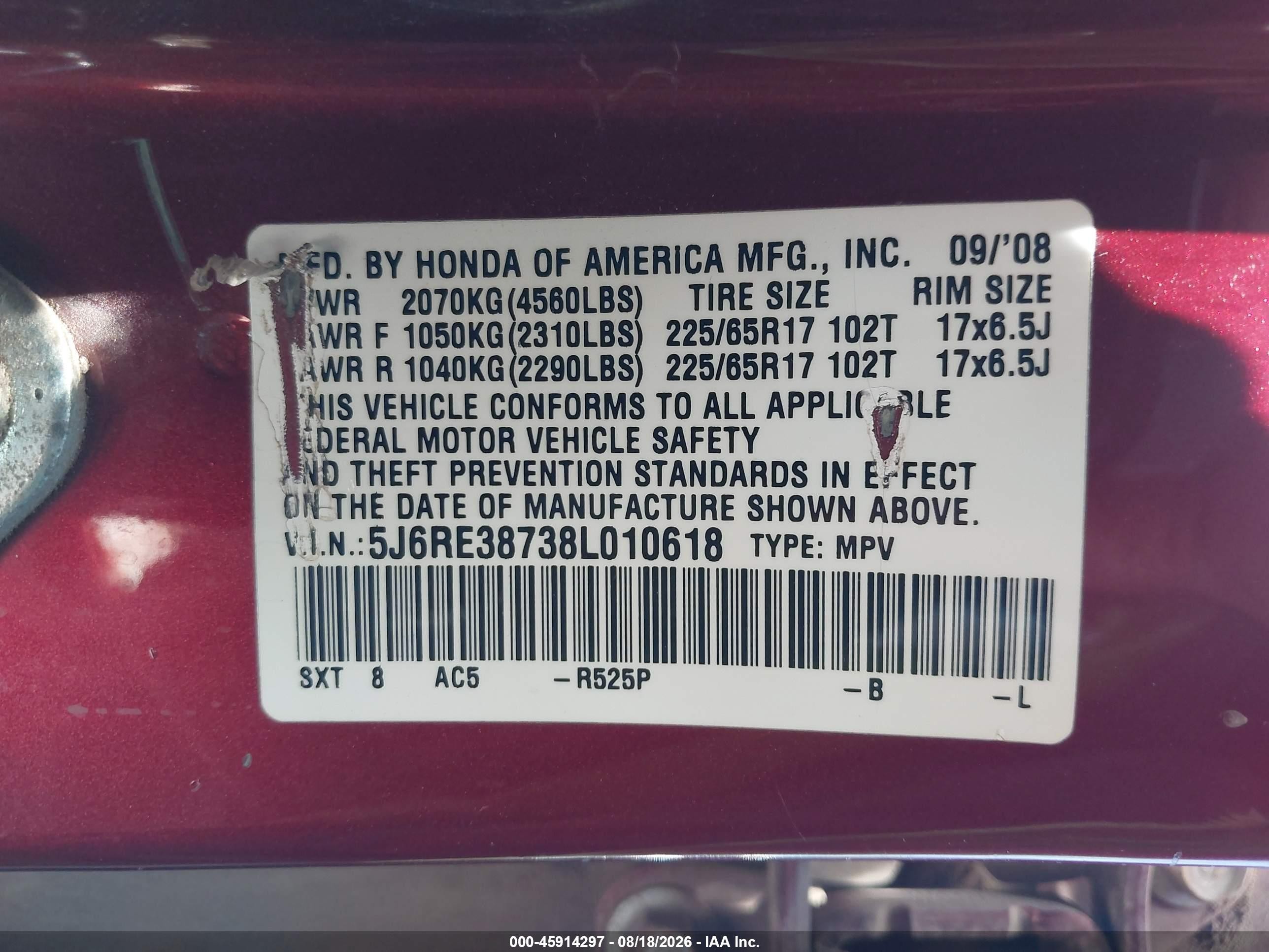 2008 Honda Cr-v Ex-l Burgundy vin: 5J6RE38738L010618