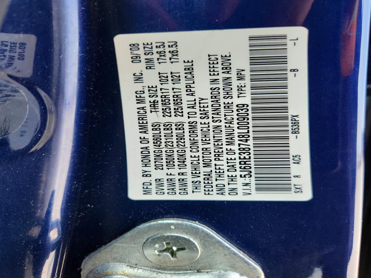 2008 Honda Cr-v Exl Blue vin: 5J6RE38748L009039