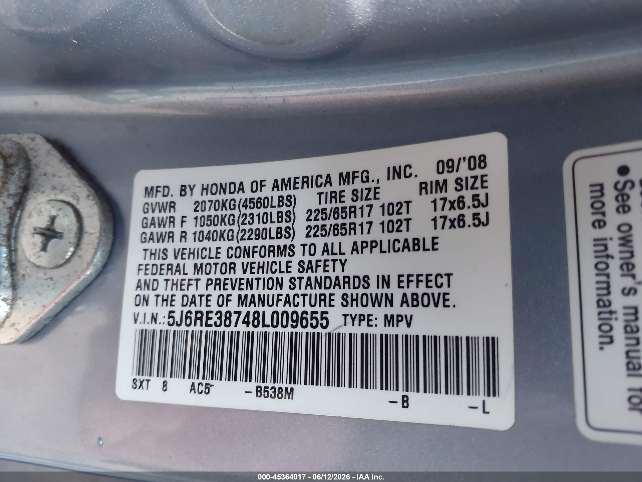 2008 Honda Cr-v Ex-l Light Blue vin: 5J6RE38748L009655