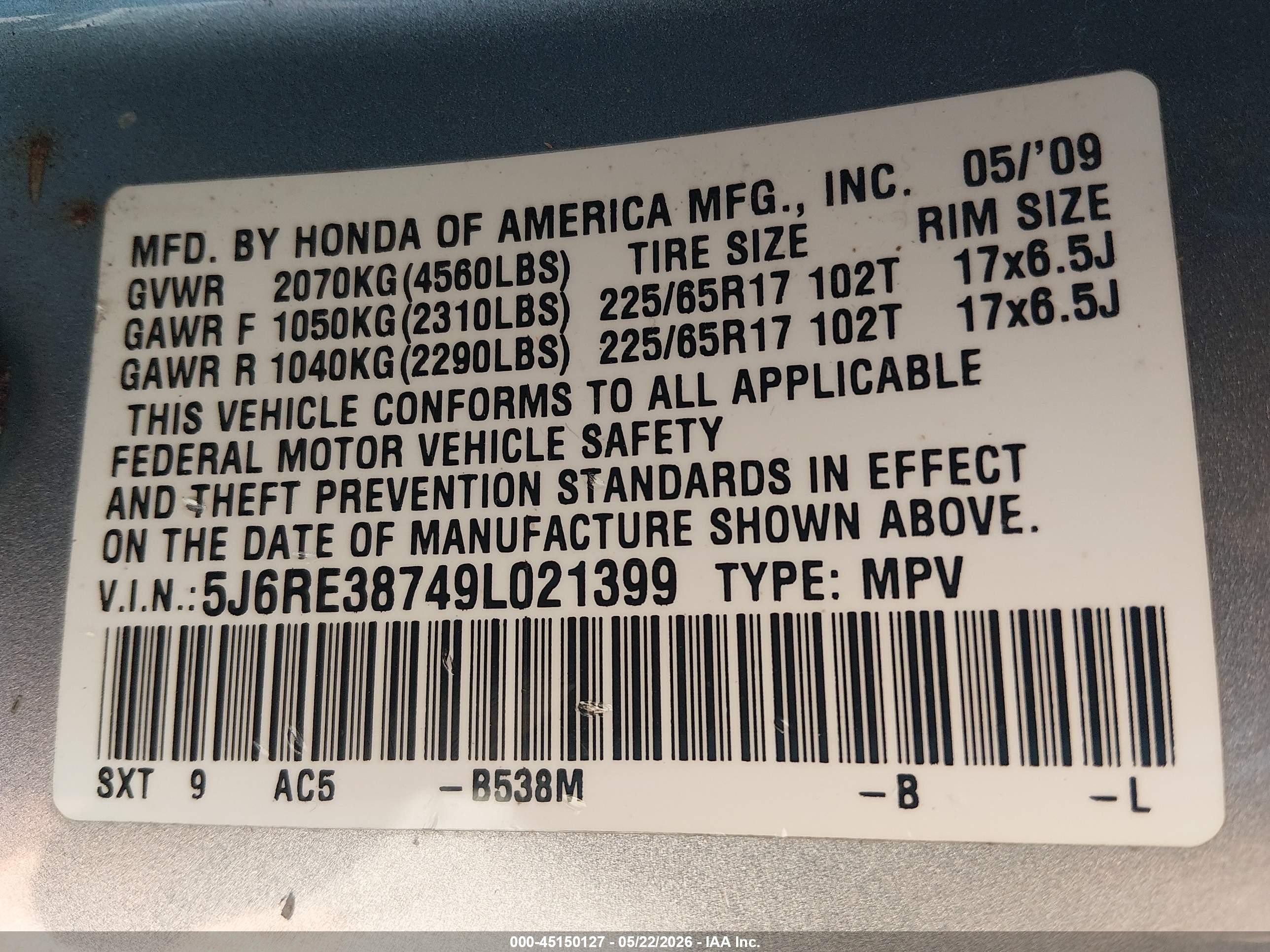 2009 Honda Cr-v Ex-l Light Blue vin: 5J6RE38749L021399