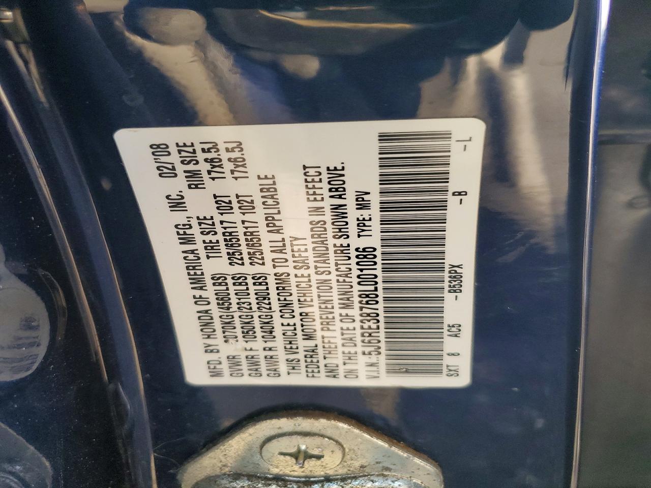 2008 Honda Cr-v Exl Blue vin: 5J6RE38768L001086