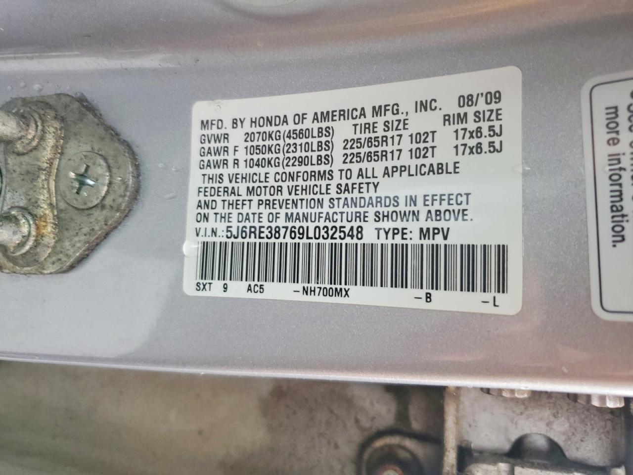 2009 Honda Cr-v Exl Серебряный vin: 5J6RE38769L032548