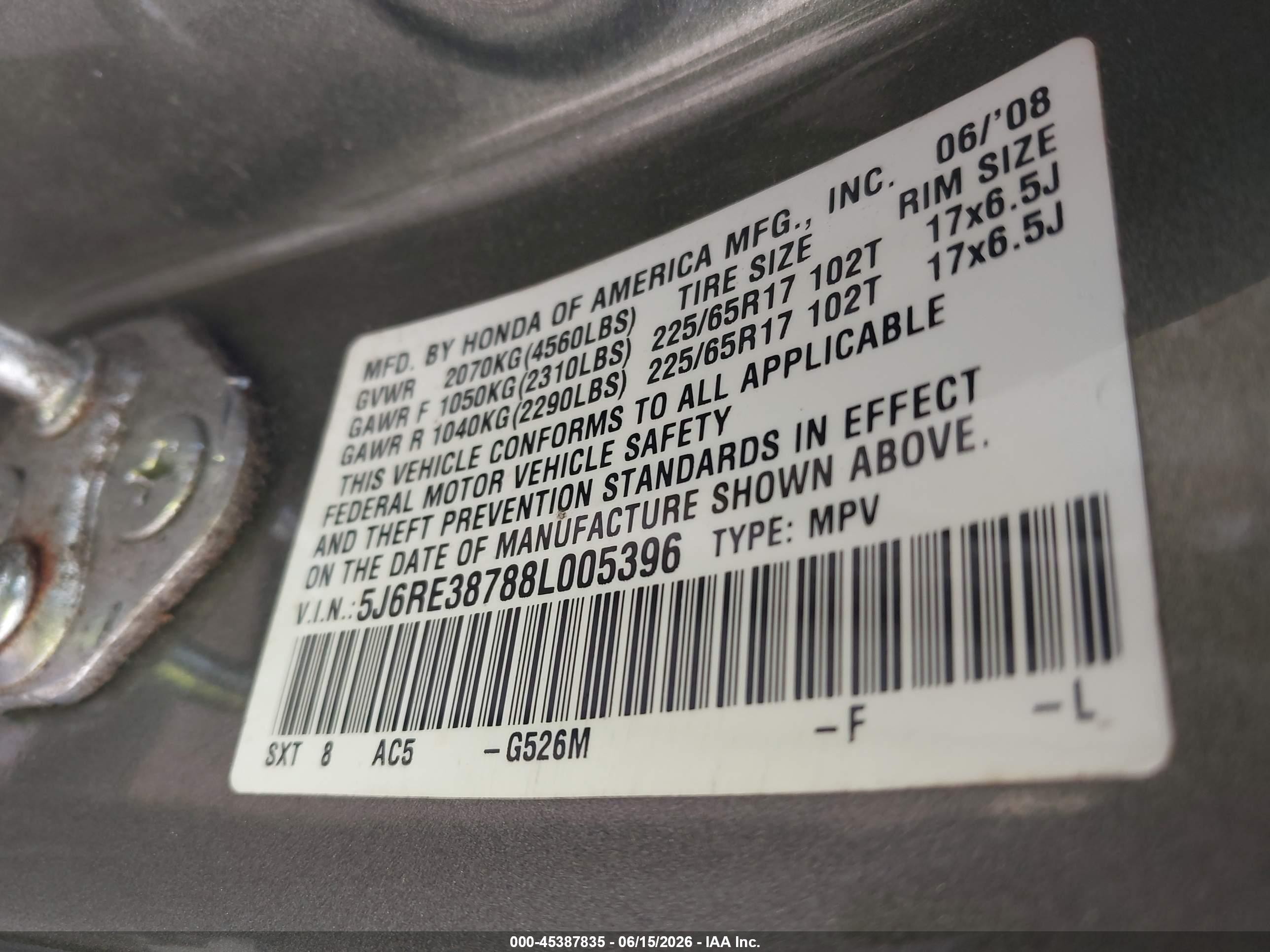 2008 Honda Cr-v Ex-l Green vin: 5J6RE38788L005396