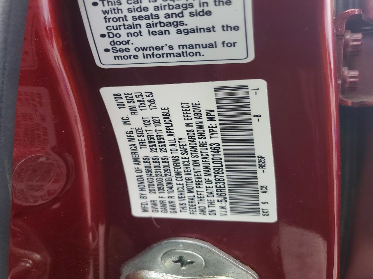 2009 Honda Cr-v Exl Red vin: 5J6RE38789L001463