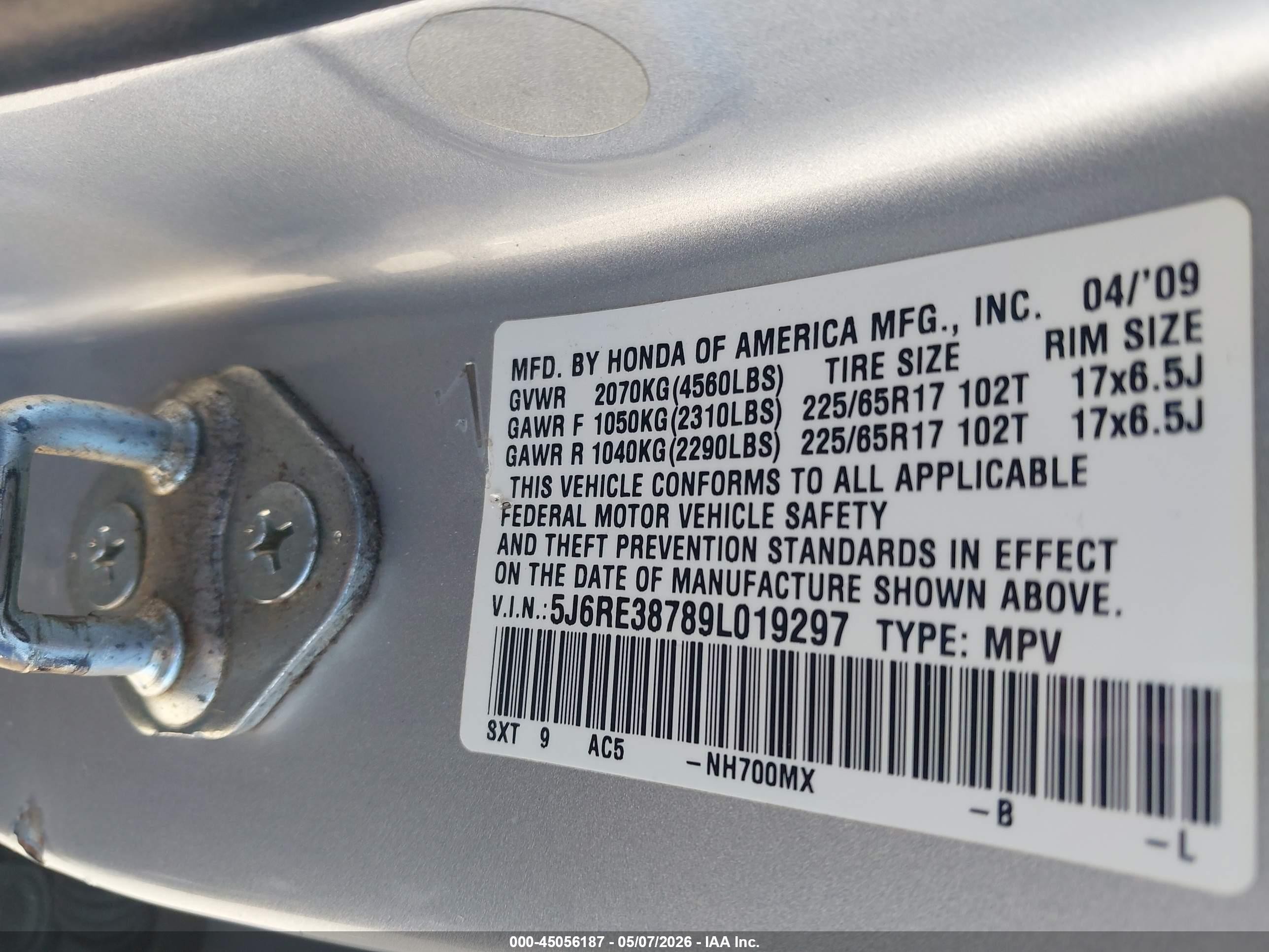 2009 Honda Cr-v Ex-l Silver vin: 5J6RE38789L019297
