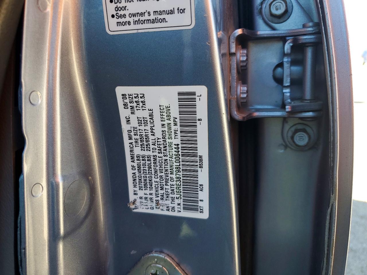 2008 Honda Cr-v Exl Blue vin: 5J6RE38798L006444