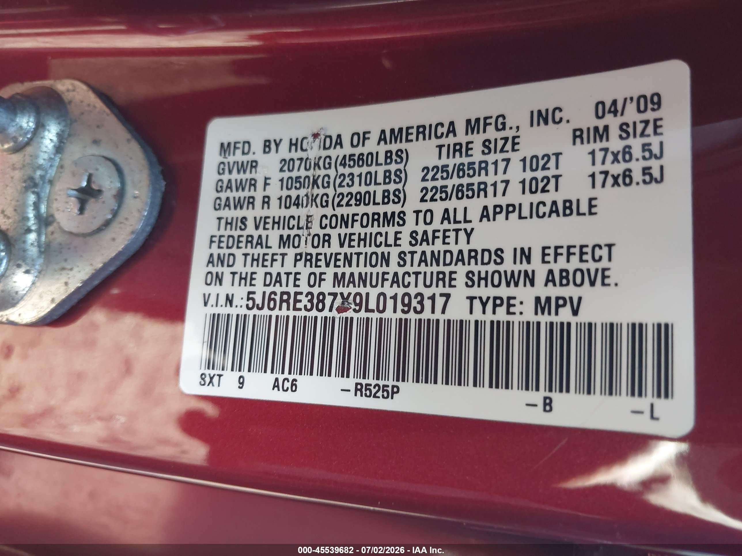 2009 Honda Cr-v Ex-l Red vin: 5J6RE387X9L019317