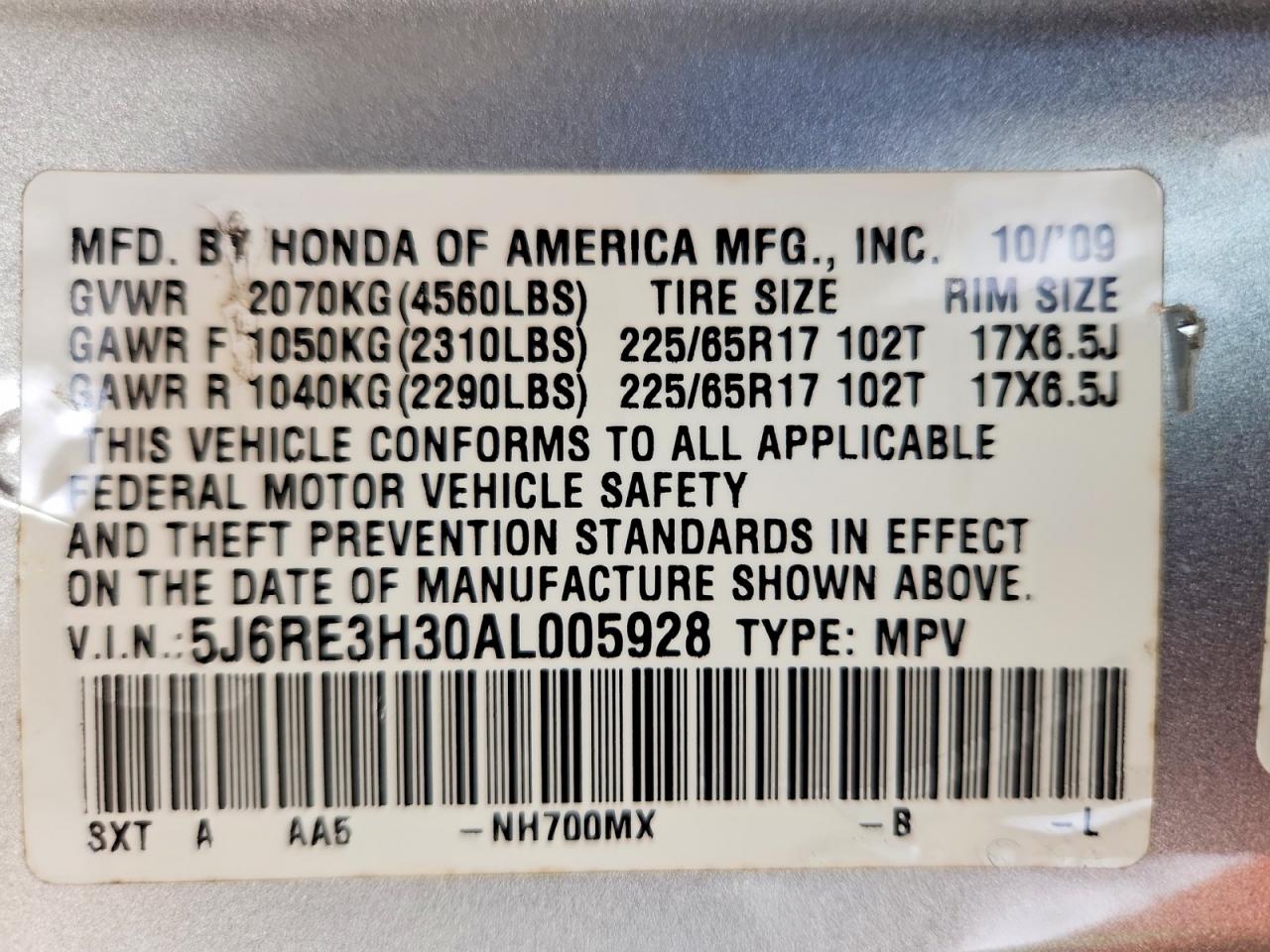 2010 Honda Cr-v Lx Silver vin: 5J6RE3H30AL005928