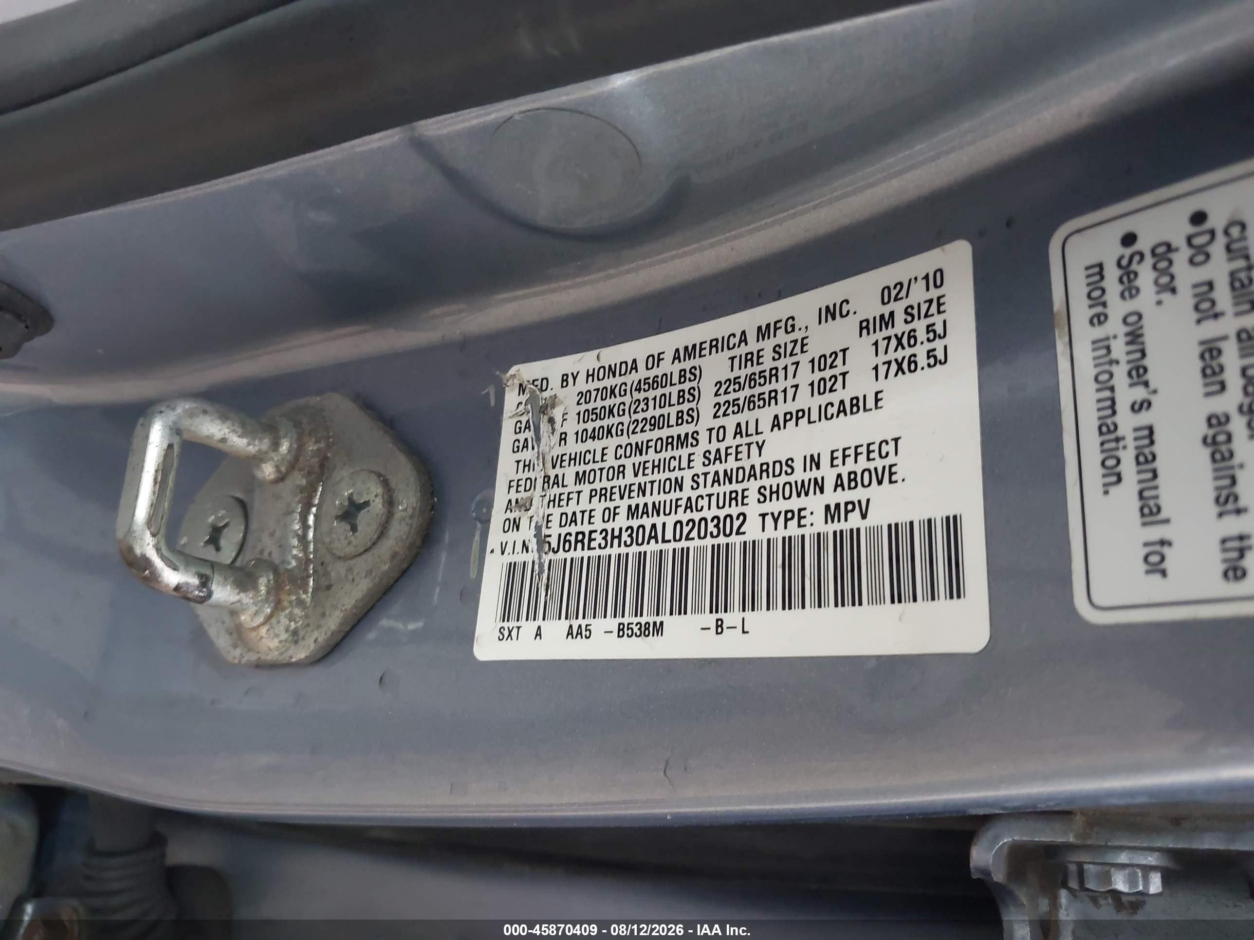 2010 Honda Cr-v Lx Light Blue vin: 5J6RE3H30AL020302