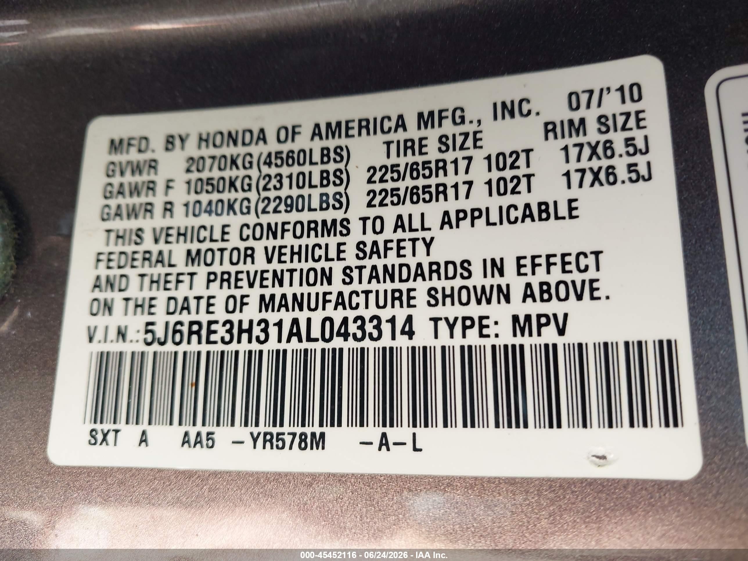 2010 Honda Cr-v Lx Gray vin: 5J6RE3H31AL043314