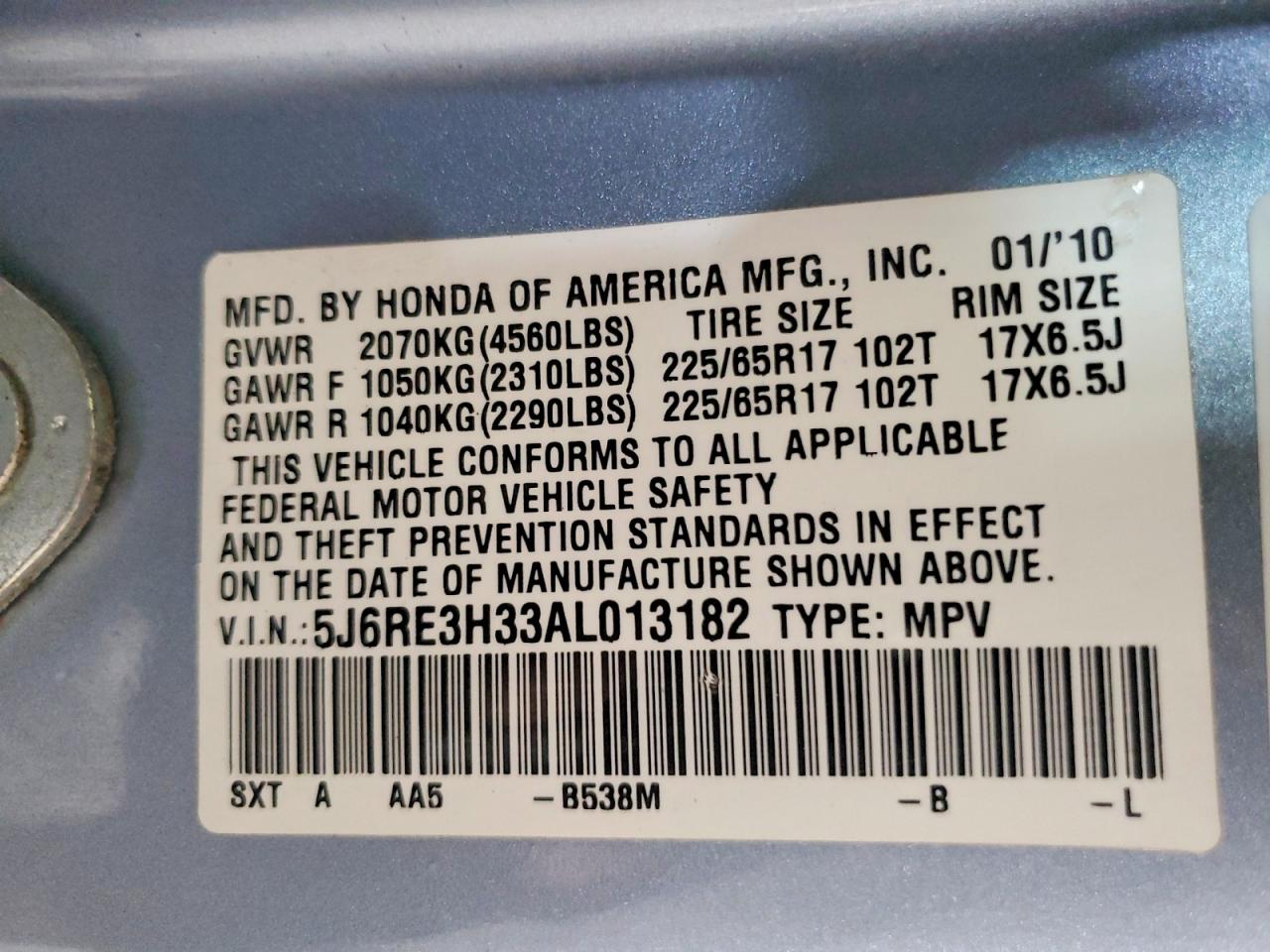2010 Honda Cr-v Lx Blue vin: 5J6RE3H33AL013182