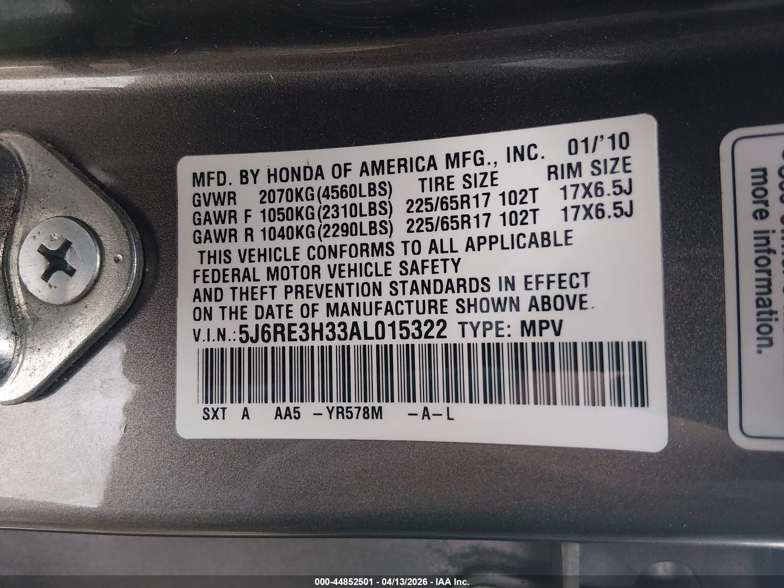 2010 Honda Cr-v Lx Gray vin: 5J6RE3H33AL015322