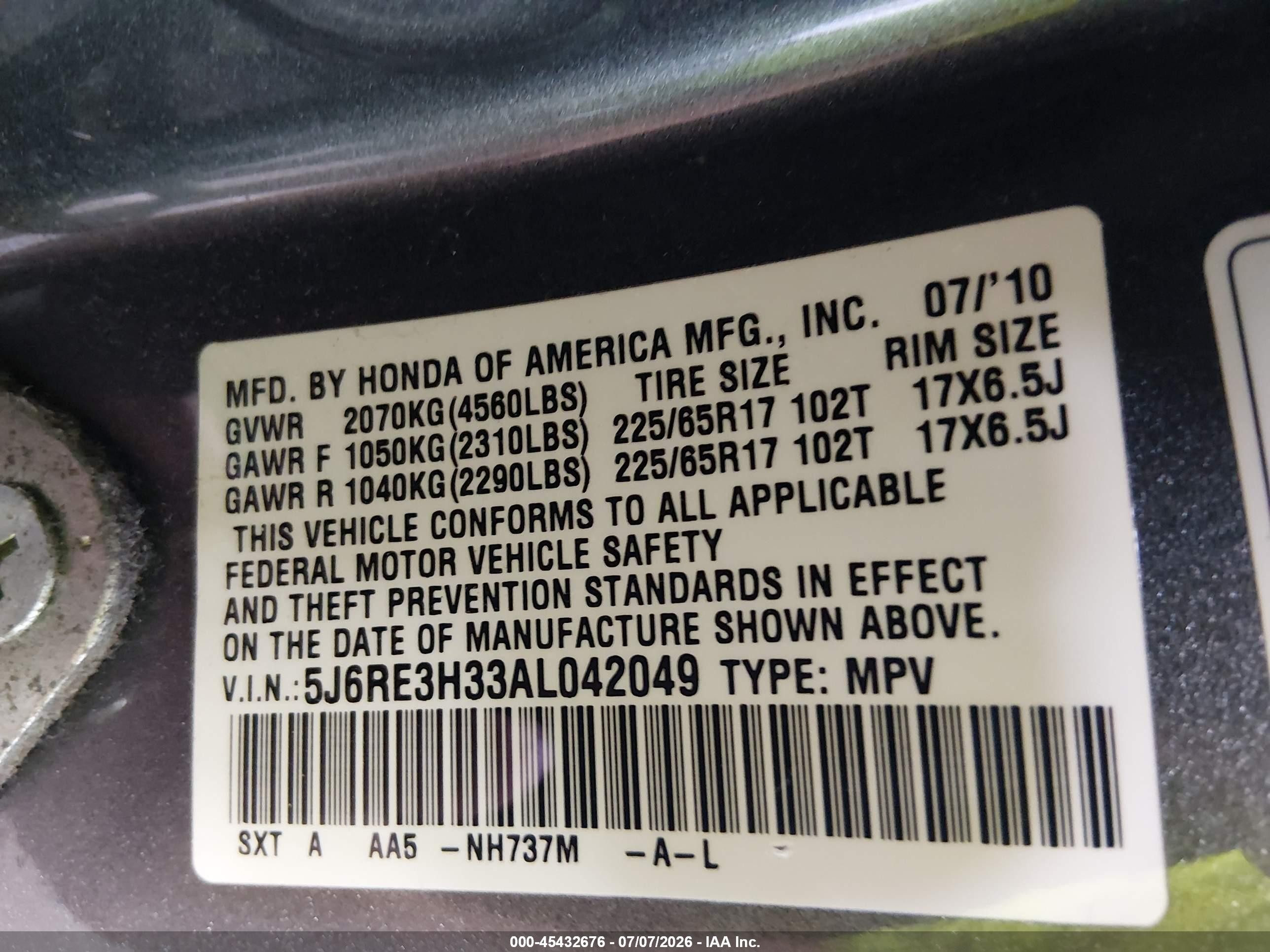2010 Honda Cr-v Lx Gray vin: 5J6RE3H33AL042049