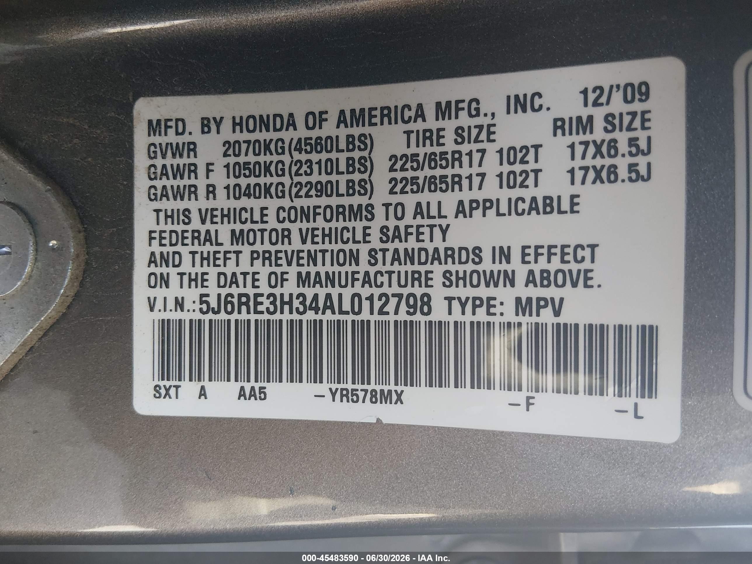 2010 Honda Cr-v Lx Gray vin: 5J6RE3H34AL012798