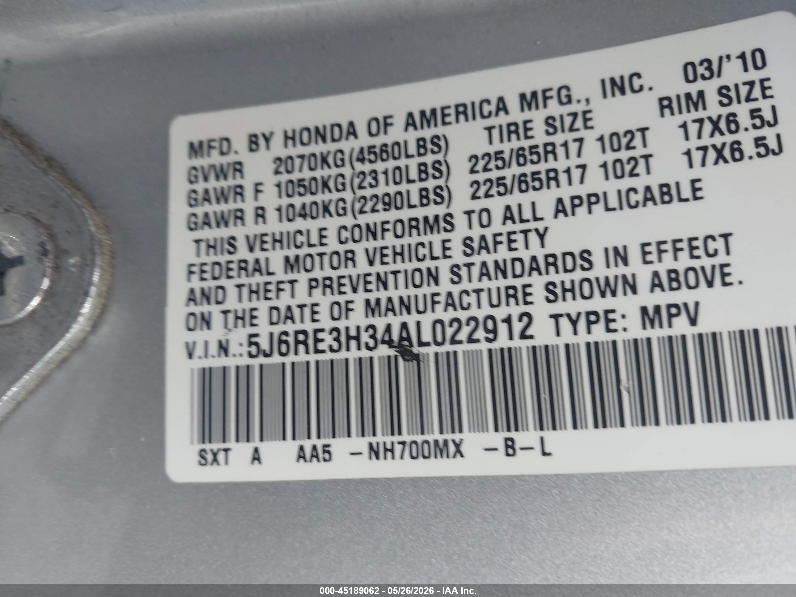 2010 Honda Cr-v Lx Silver vin: 5J6RE3H34AL022912