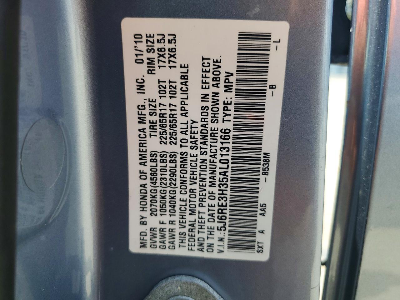 2010 Honda Cr-v Lx Blue vin: 5J6RE3H35AL013166