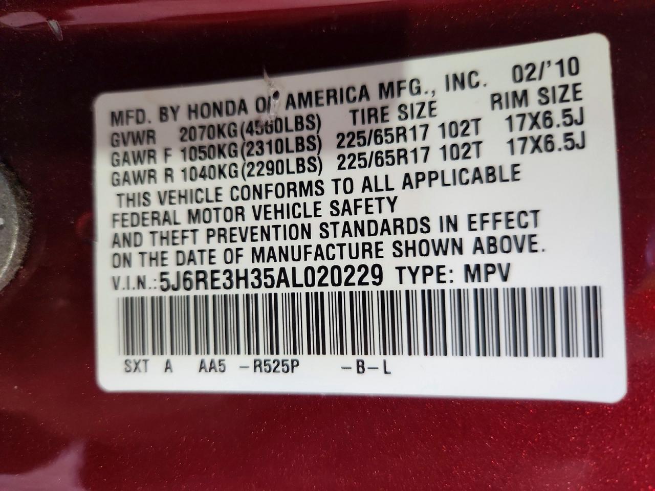 2010 Honda Cr-v Lx Burgundy vin: 5J6RE3H35AL020229