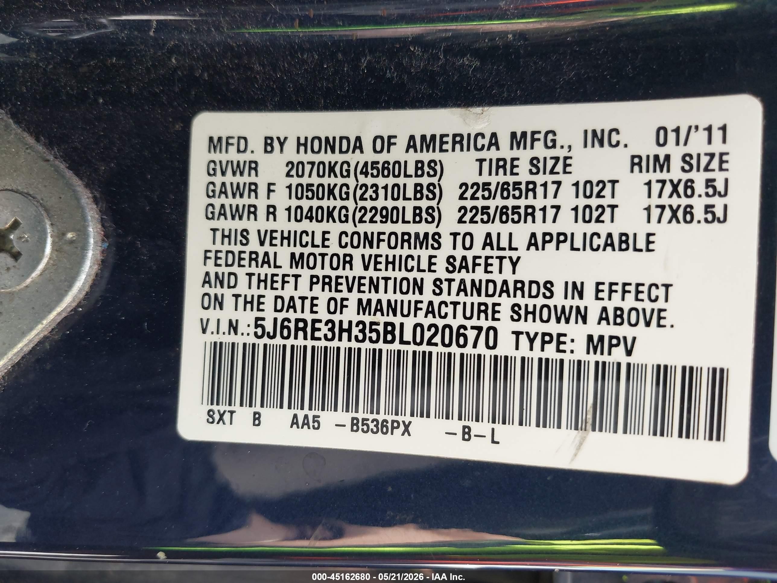 2011 Honda Cr-v Lx Blue vin: 5J6RE3H35BL020670