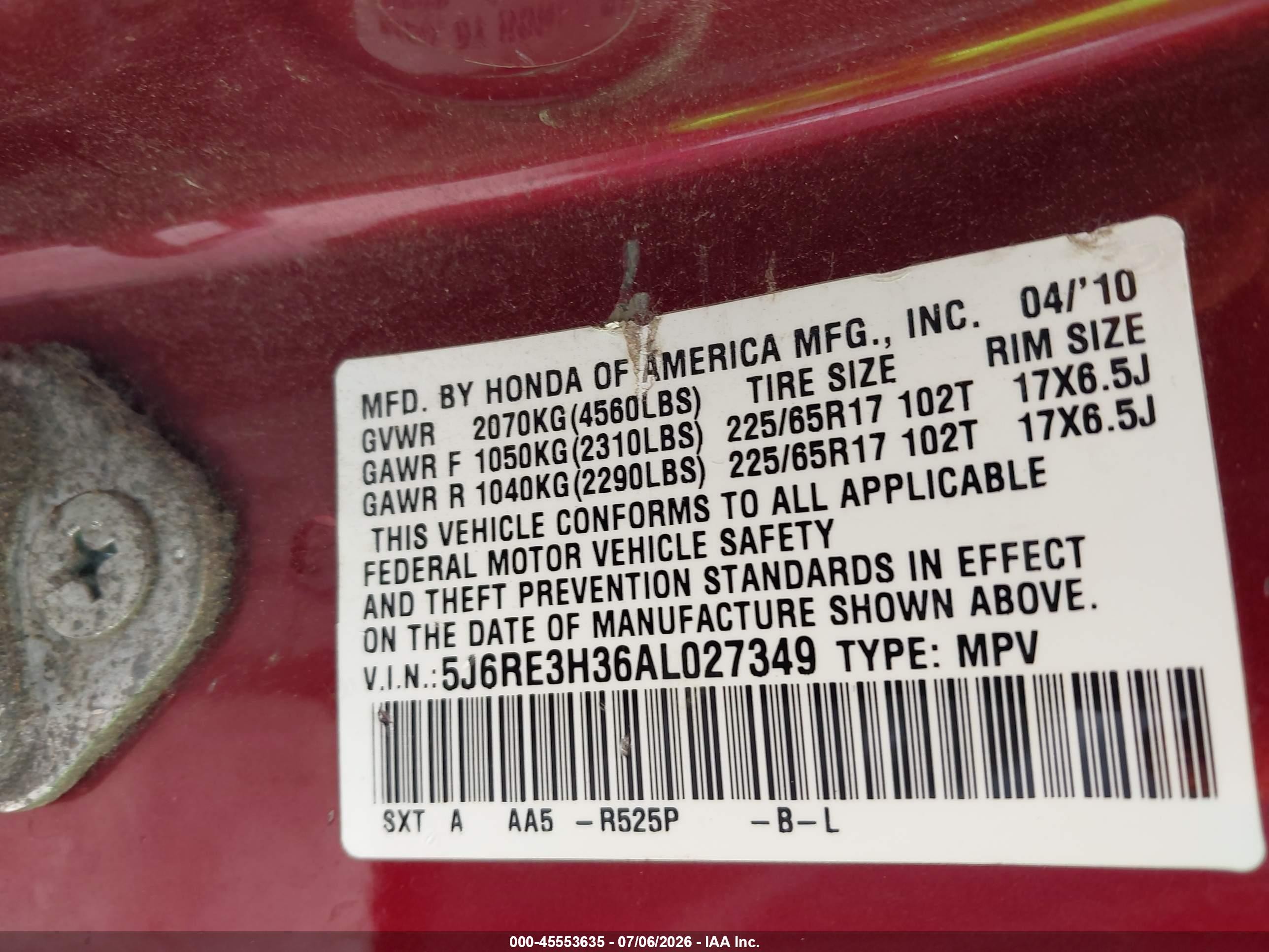 2010 Honda Cr-v Lx Burgundy vin: 5J6RE3H36AL027349