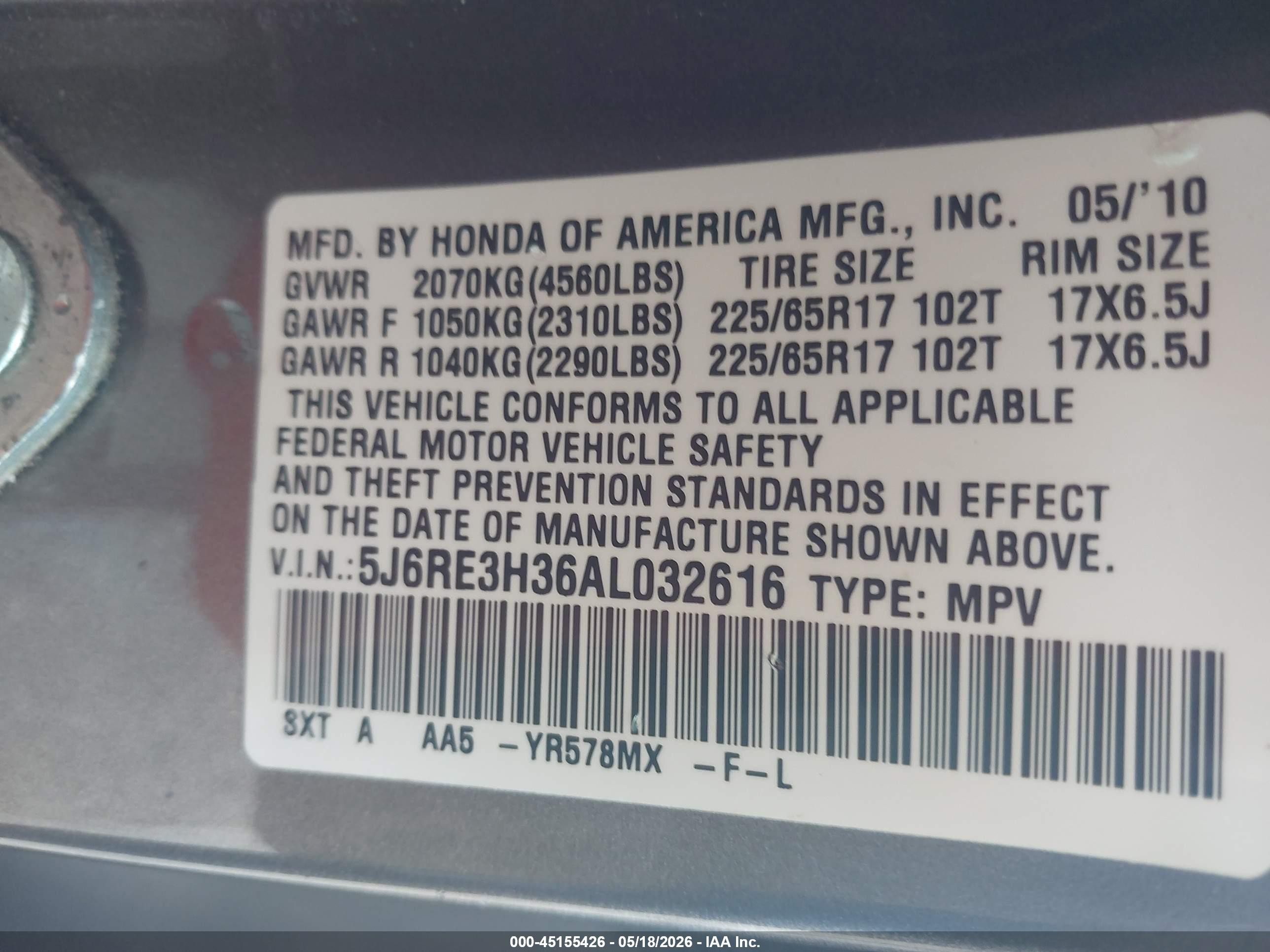 2010 Honda Cr-v Lx Gray vin: 5J6RE3H36AL032616
