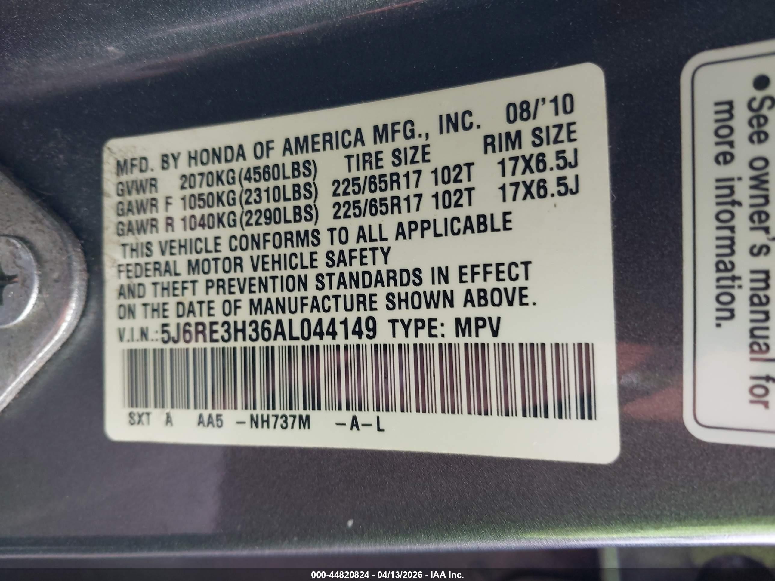2010 Honda Cr-v Lx Gray vin: 5J6RE3H36AL044149
