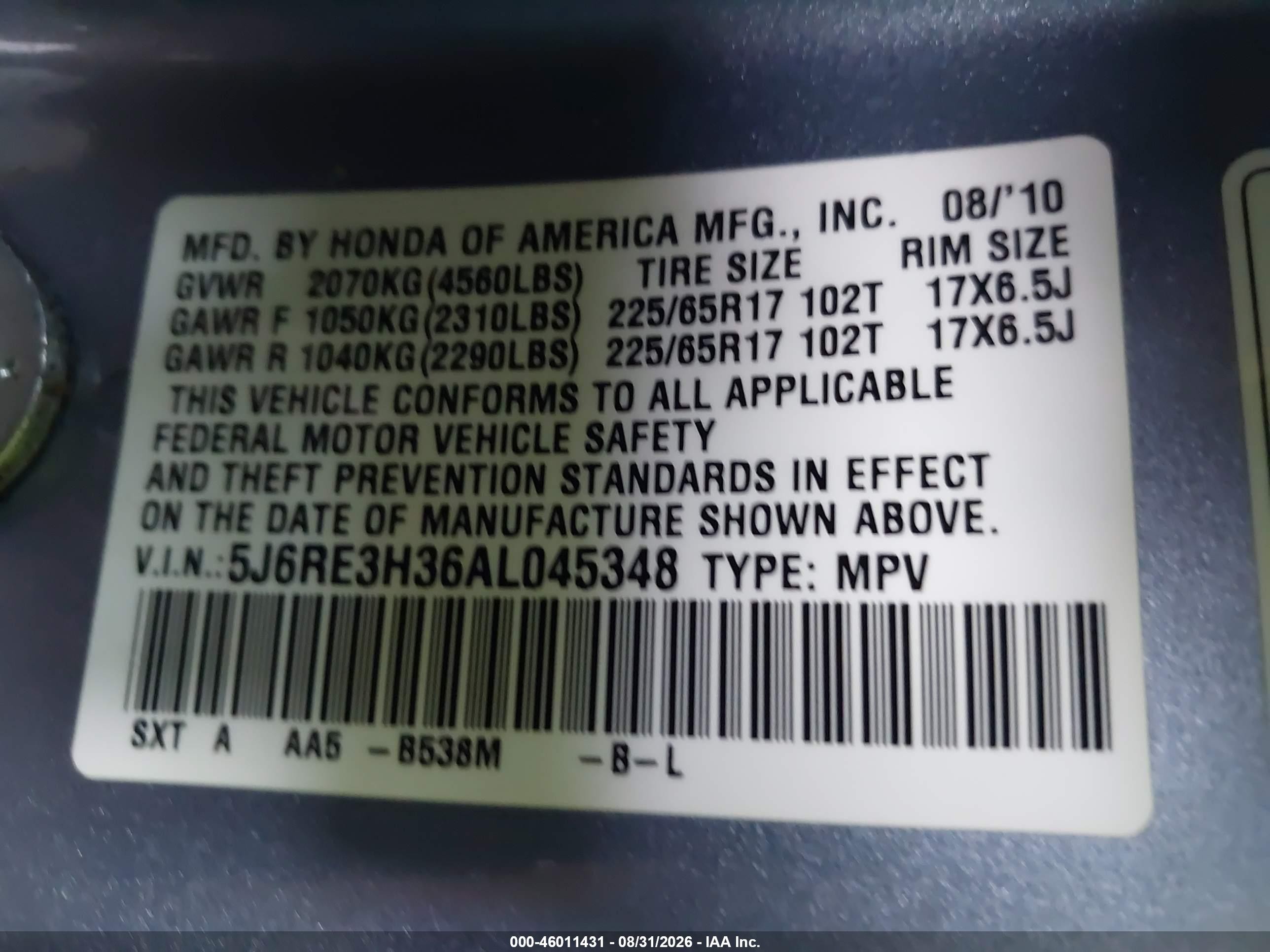 2010 Honda Cr-v Lx Light Blue vin: 5J6RE3H36AL045348
