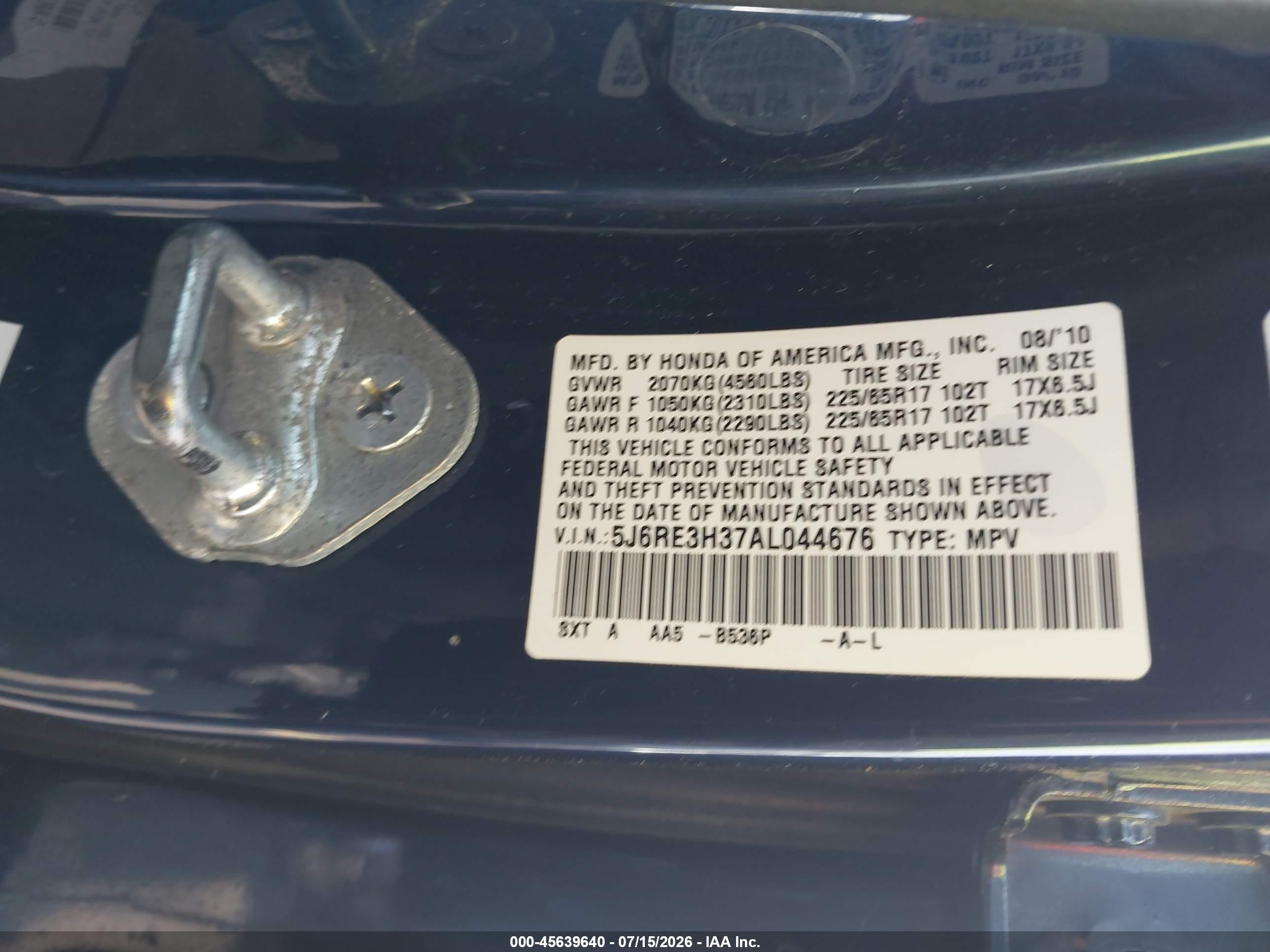 2010 Honda Cr-v Lx Blue vin: 5J6RE3H37AL044676