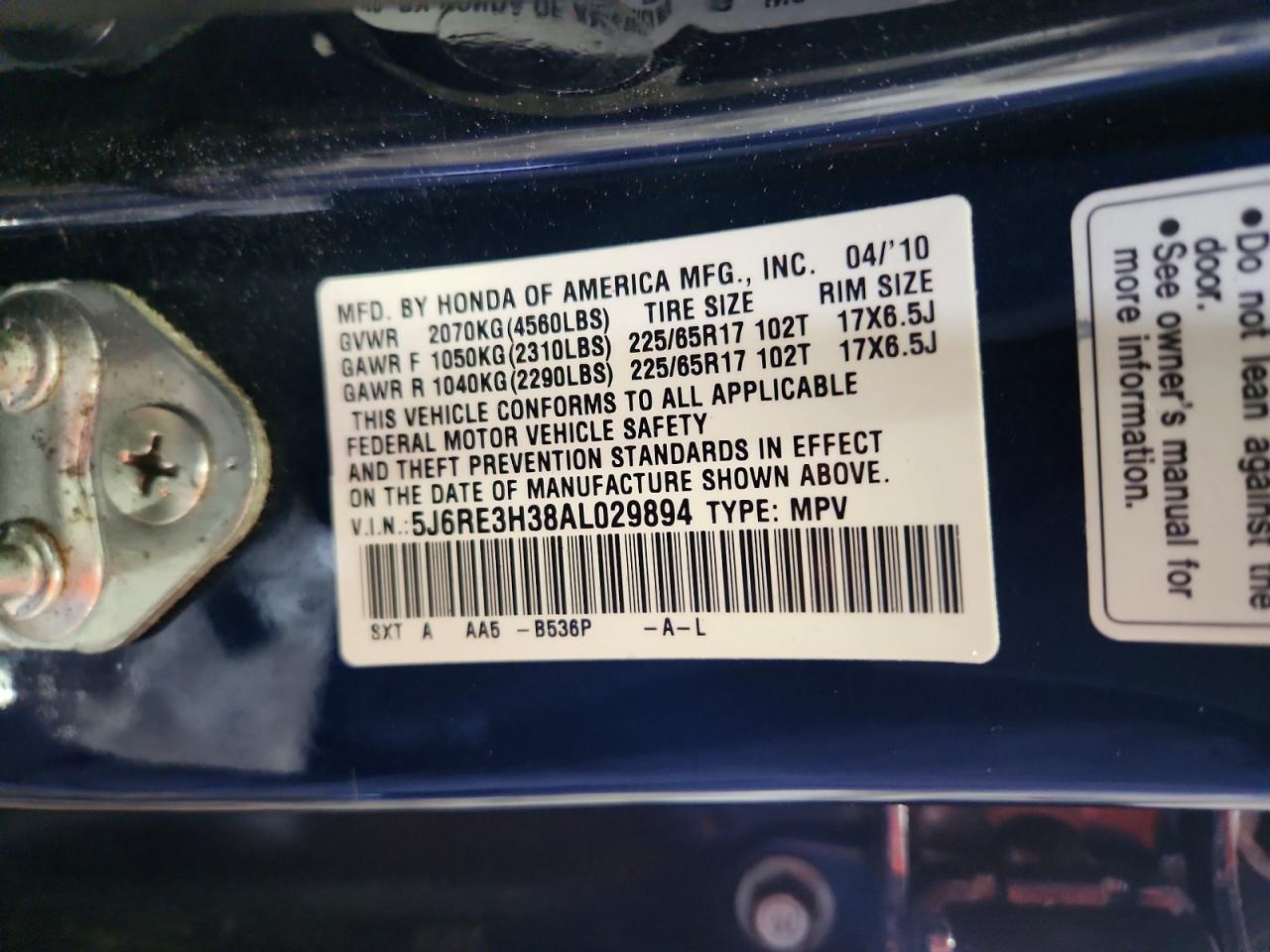 2010 Honda Cr-v Lx Blue vin: 5J6RE3H38AL029894
