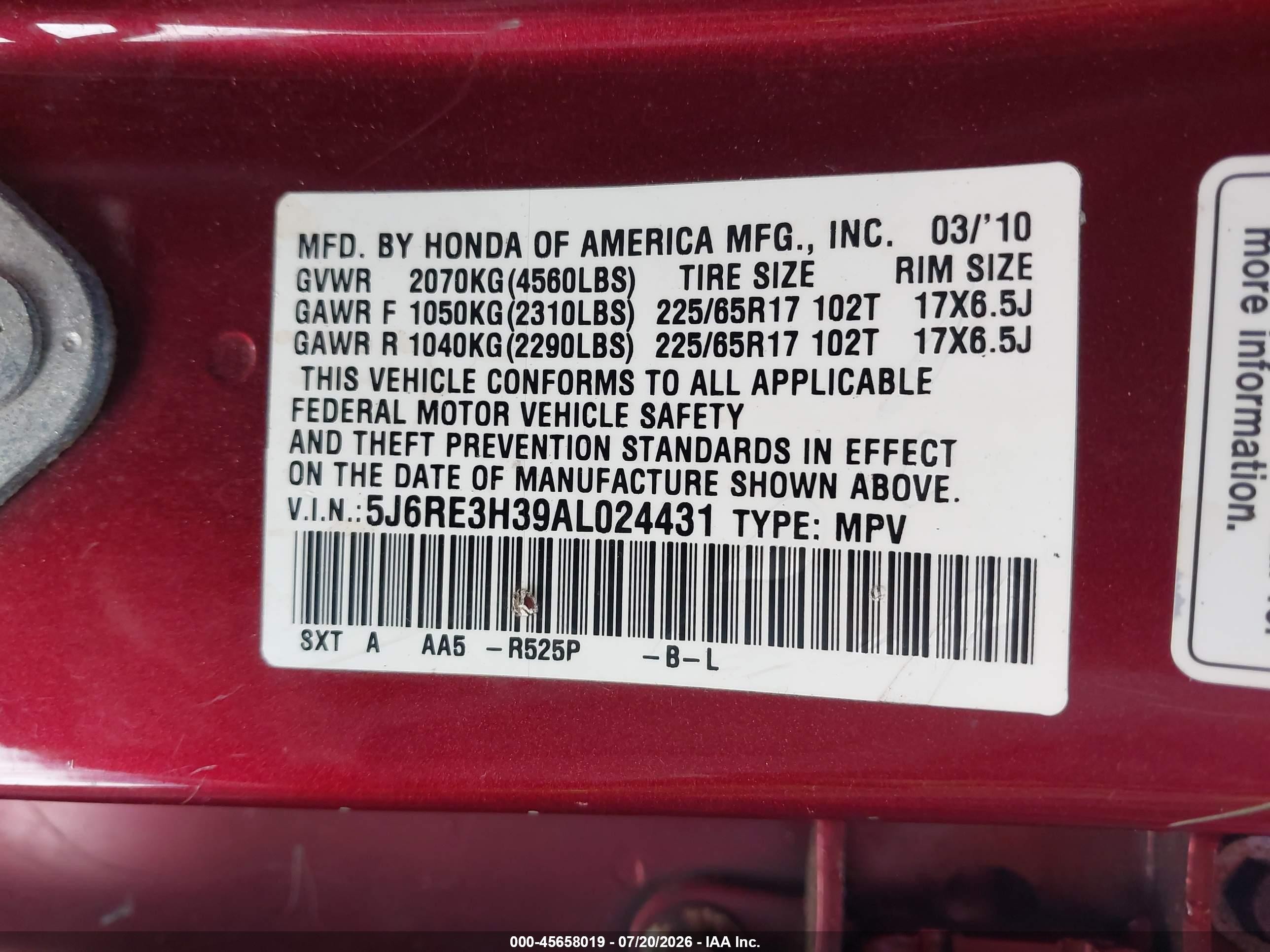 2010 Honda Cr-v Lx Maroon vin: 5J6RE3H39AL024431