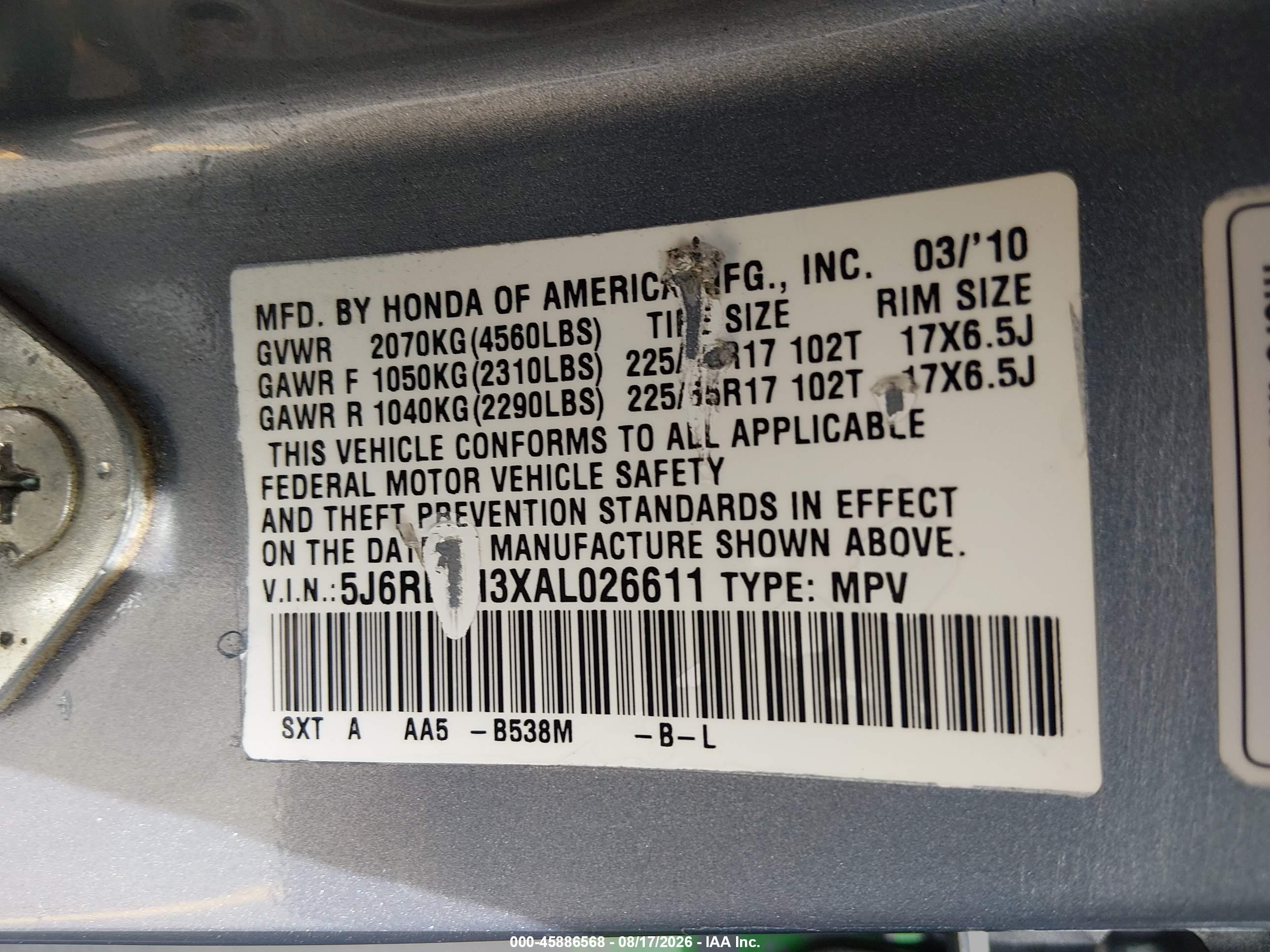 2010 Honda Cr-v Lx Blue vin: 5J6RE3H3XAL026611